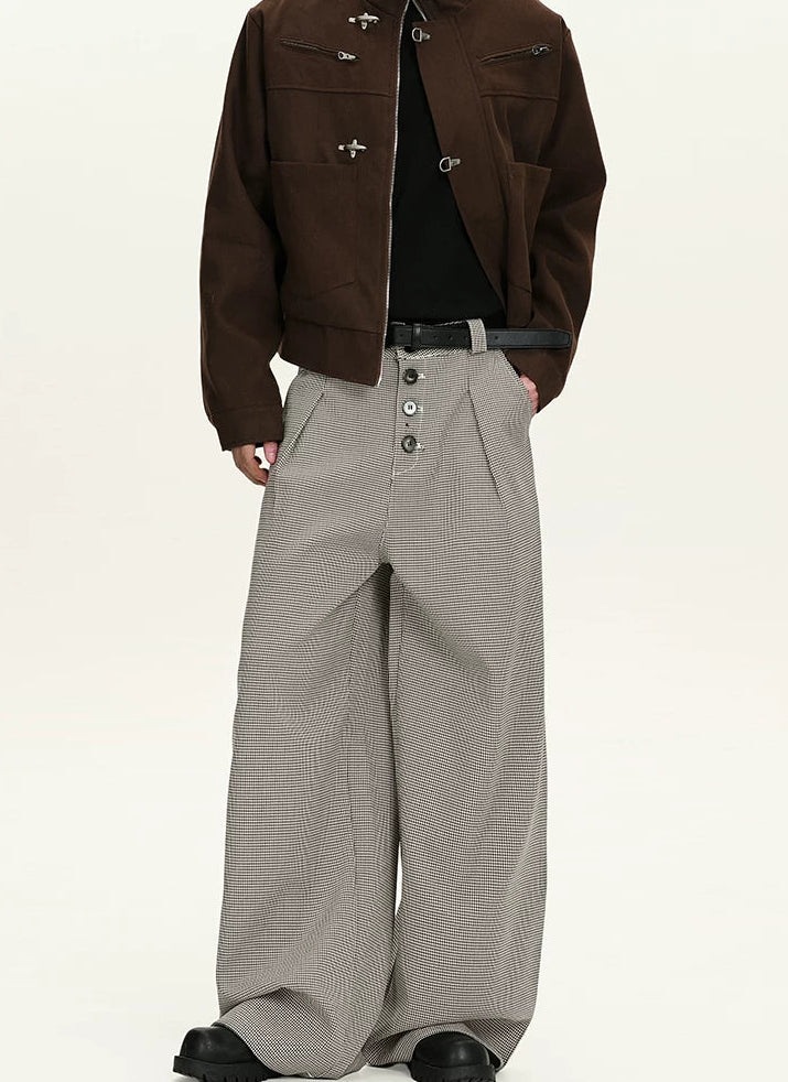 Houndstooth Pattern Button-Fly Wide Leg Trousers