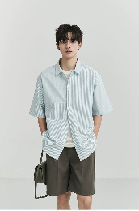 Oversized Narrow Striped Short-Sleeve Button-Up Shirt