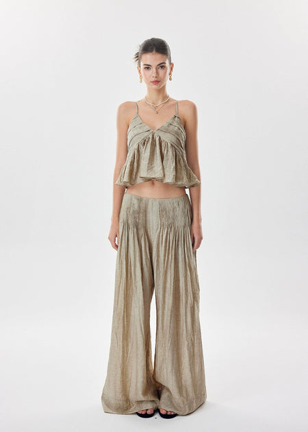Crinkle Textured Flowy Cami Top and Wide Leg Pleated Pants Two-Piece Set