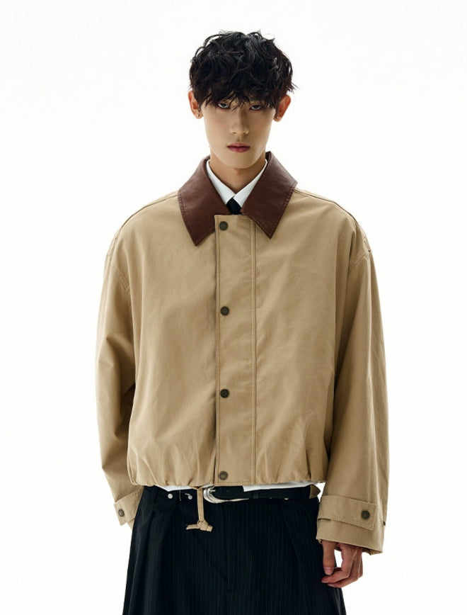 Cropped Contrast Leather Collar Zip Worker Jacket