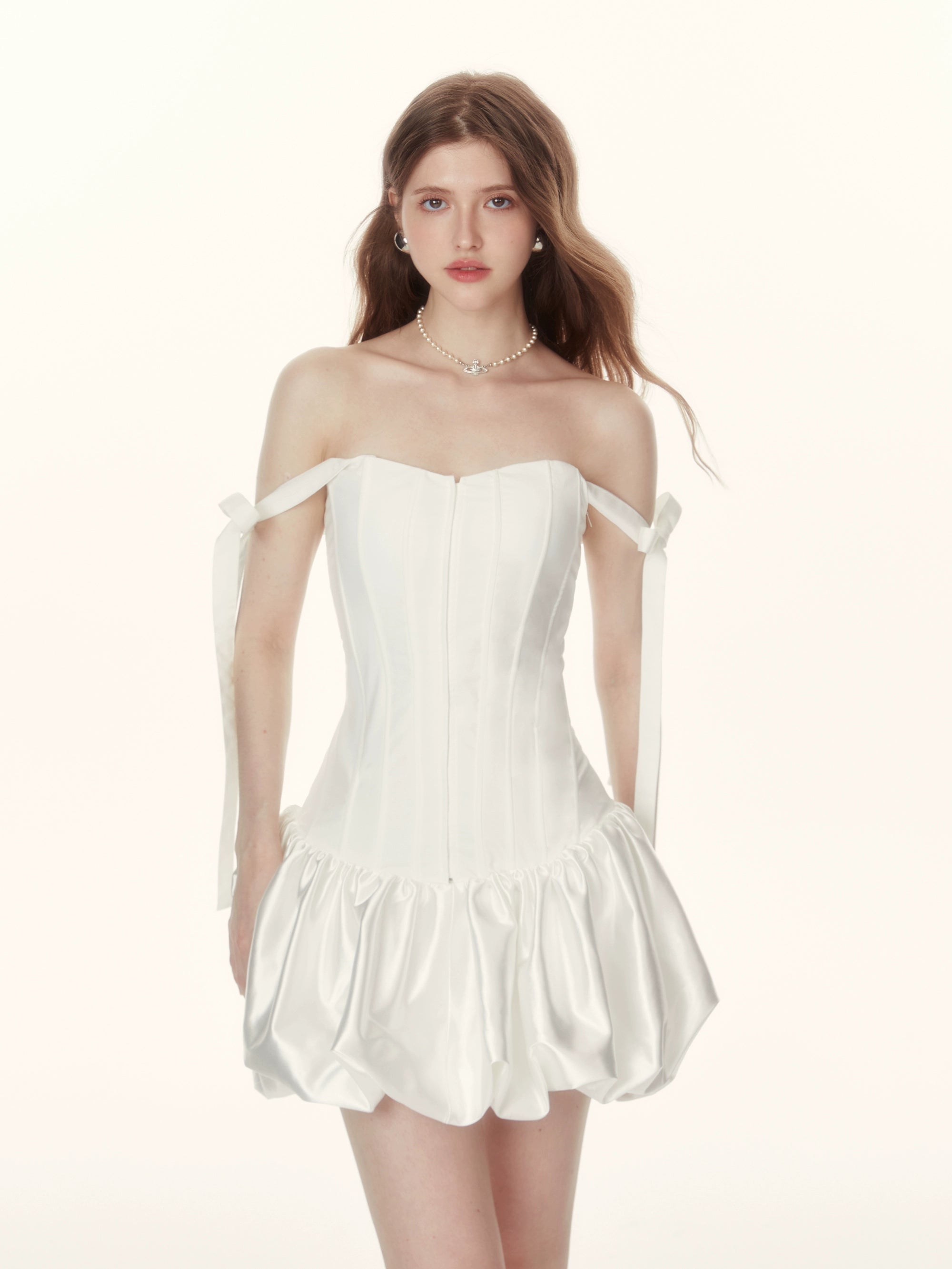 Ribbon Strap Corset Balloon Mini Dress