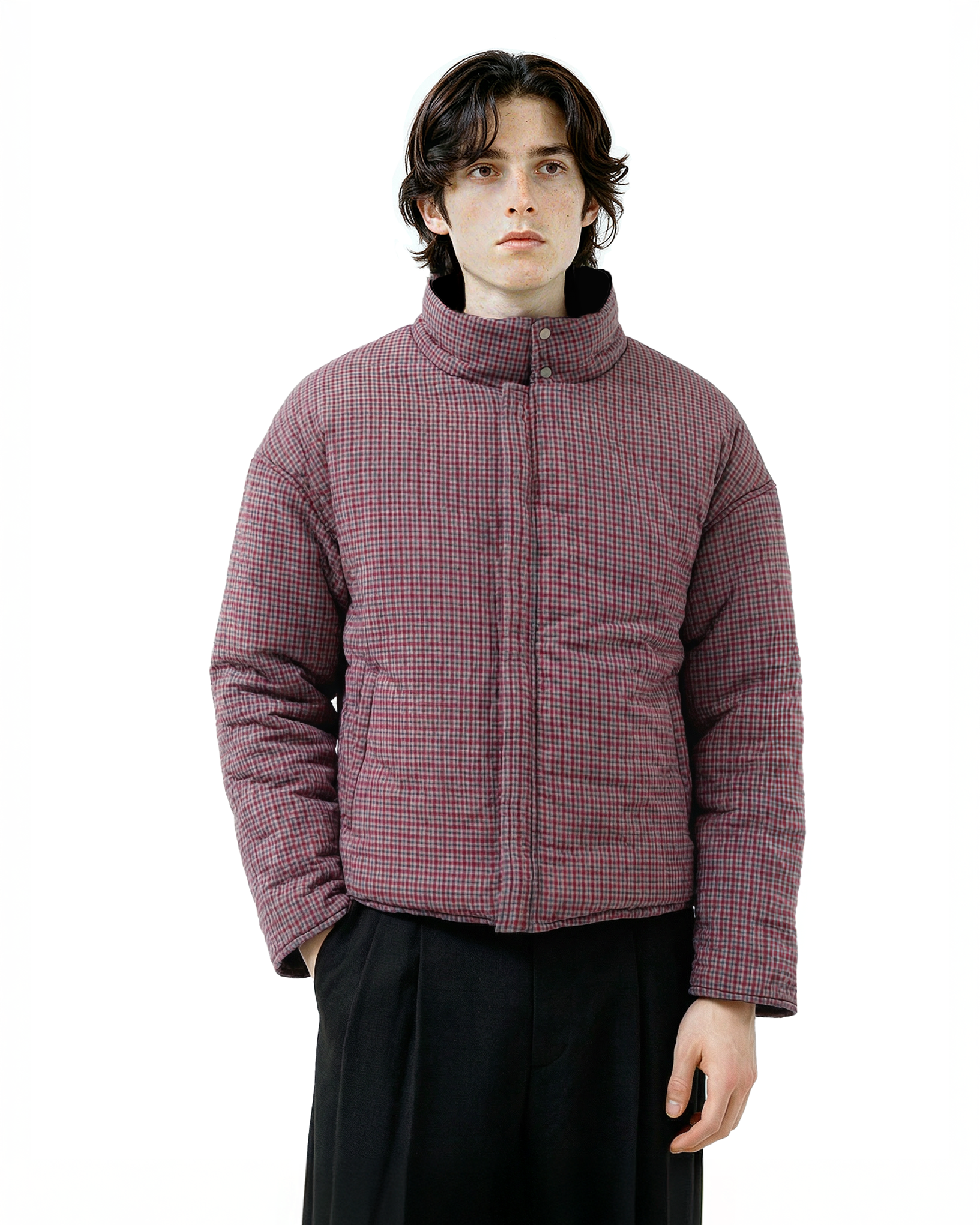 Wide High Collar Plaid Reversible Puffer Jacket