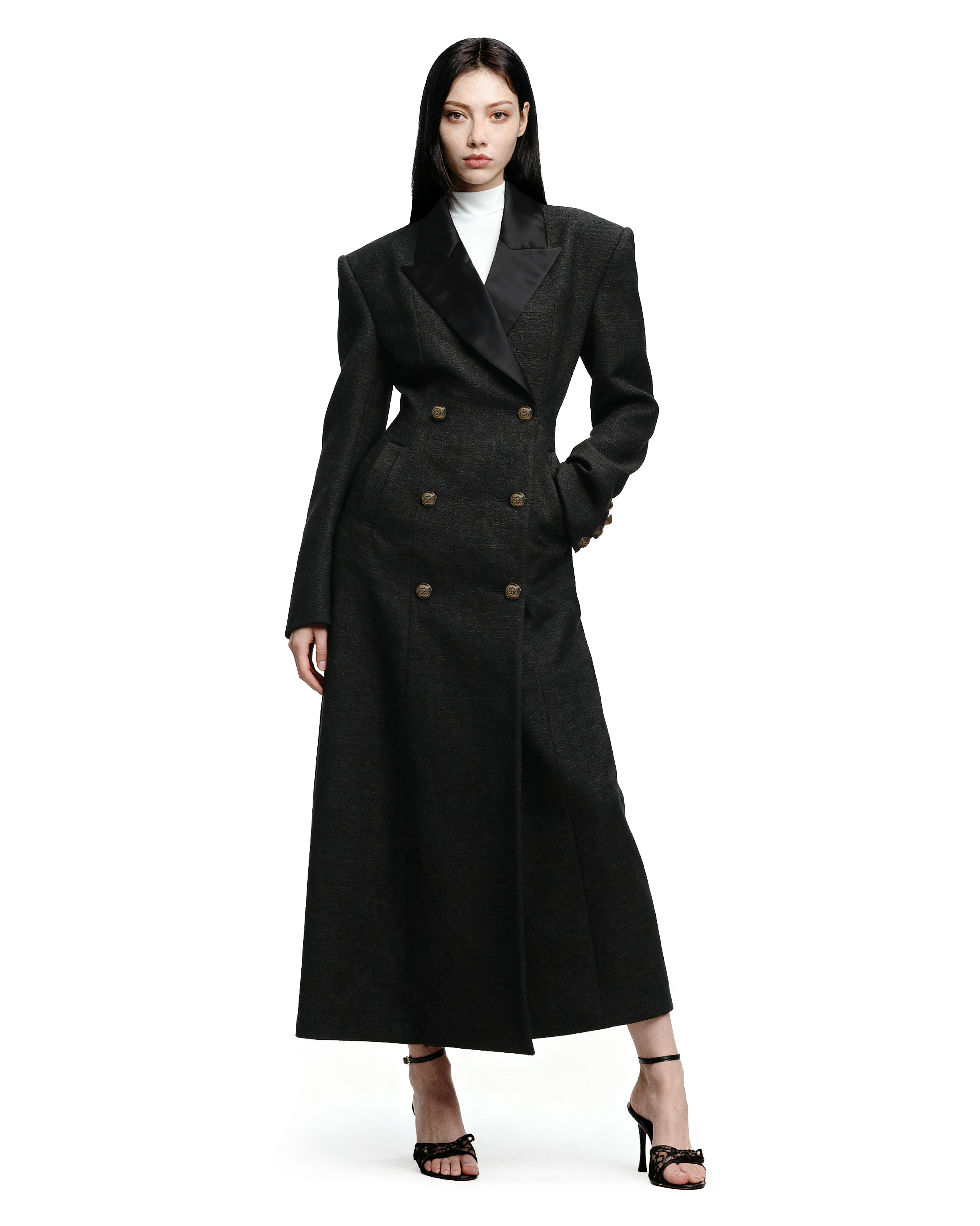 Structured Lapel Detail Double-Breasted Tweed Long Overcoat - nightcity clothing
