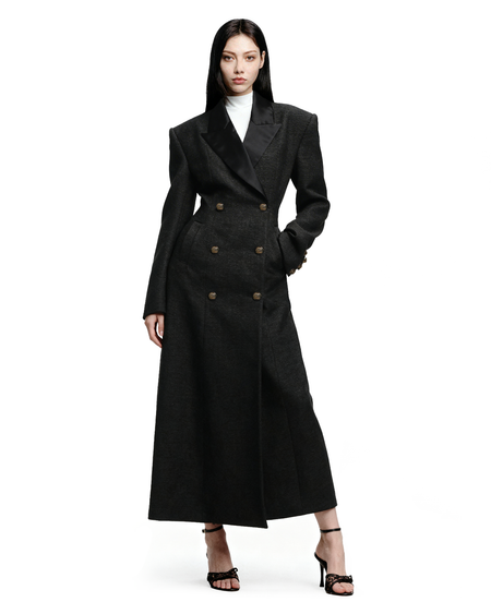 Structured Lapel Detail Double-Breasted Tweed Long Overcoat - nightcity clothing