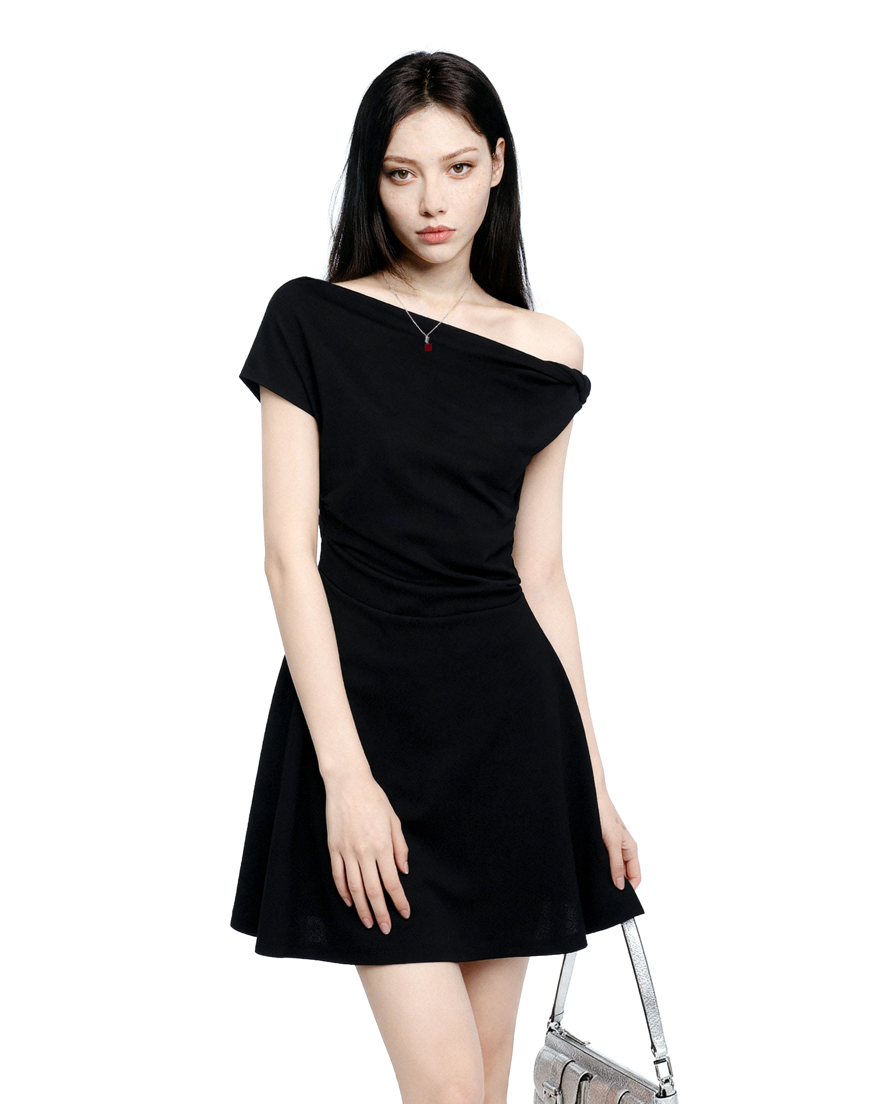 Asymmetric Off Shoulder Short Sleeve Flared Hem Mini Dress-3