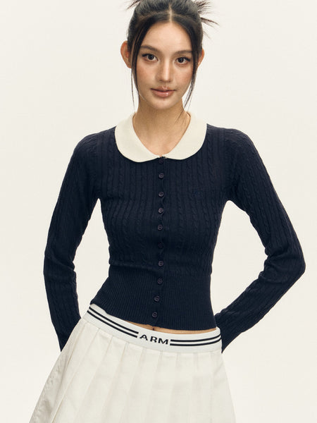 Cable Knit Crop Cardigan with Contrast Collar - nightcity clothing