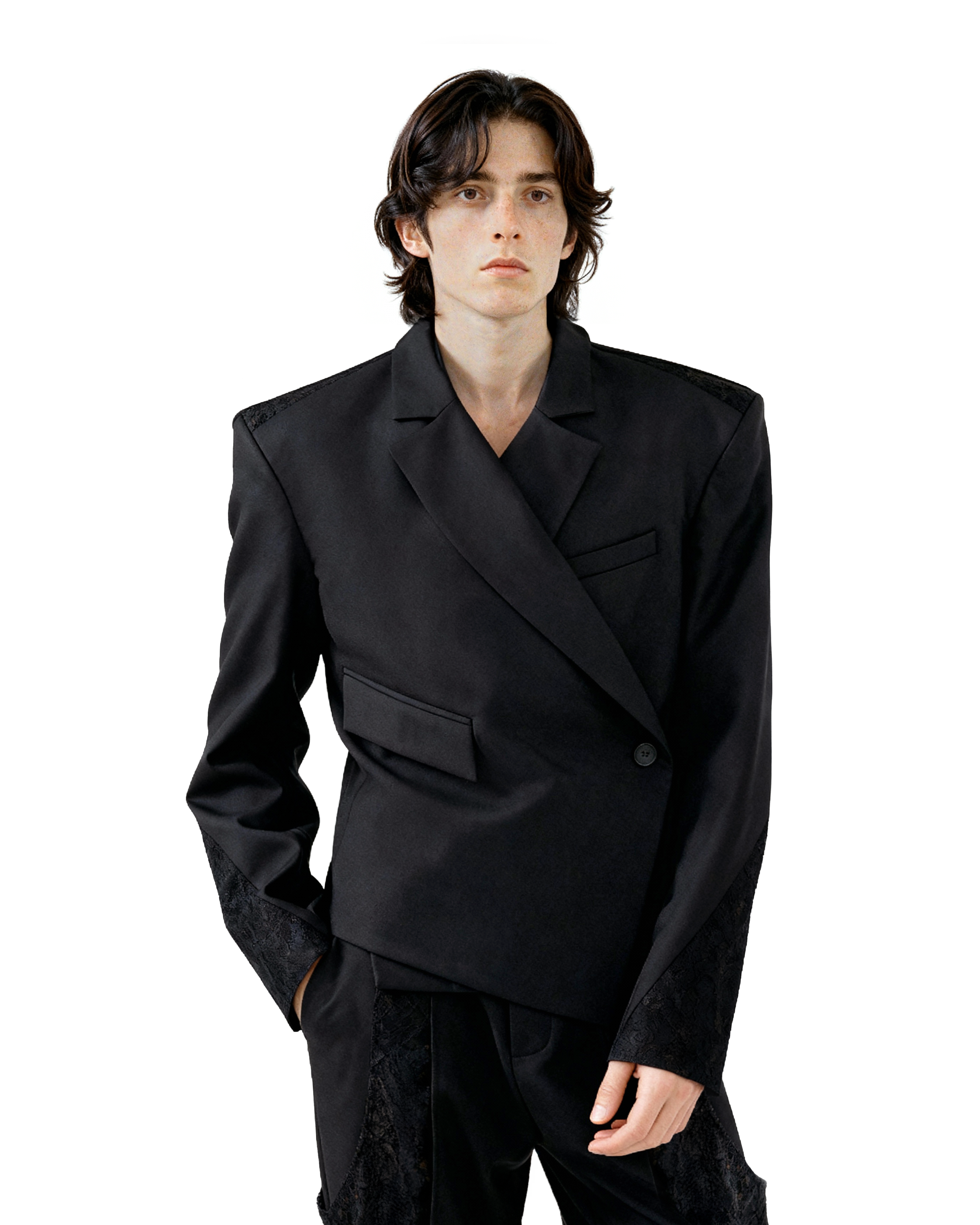 Asymmetric Overlap Button Lace Patchwork Blazer - nightcity clothing