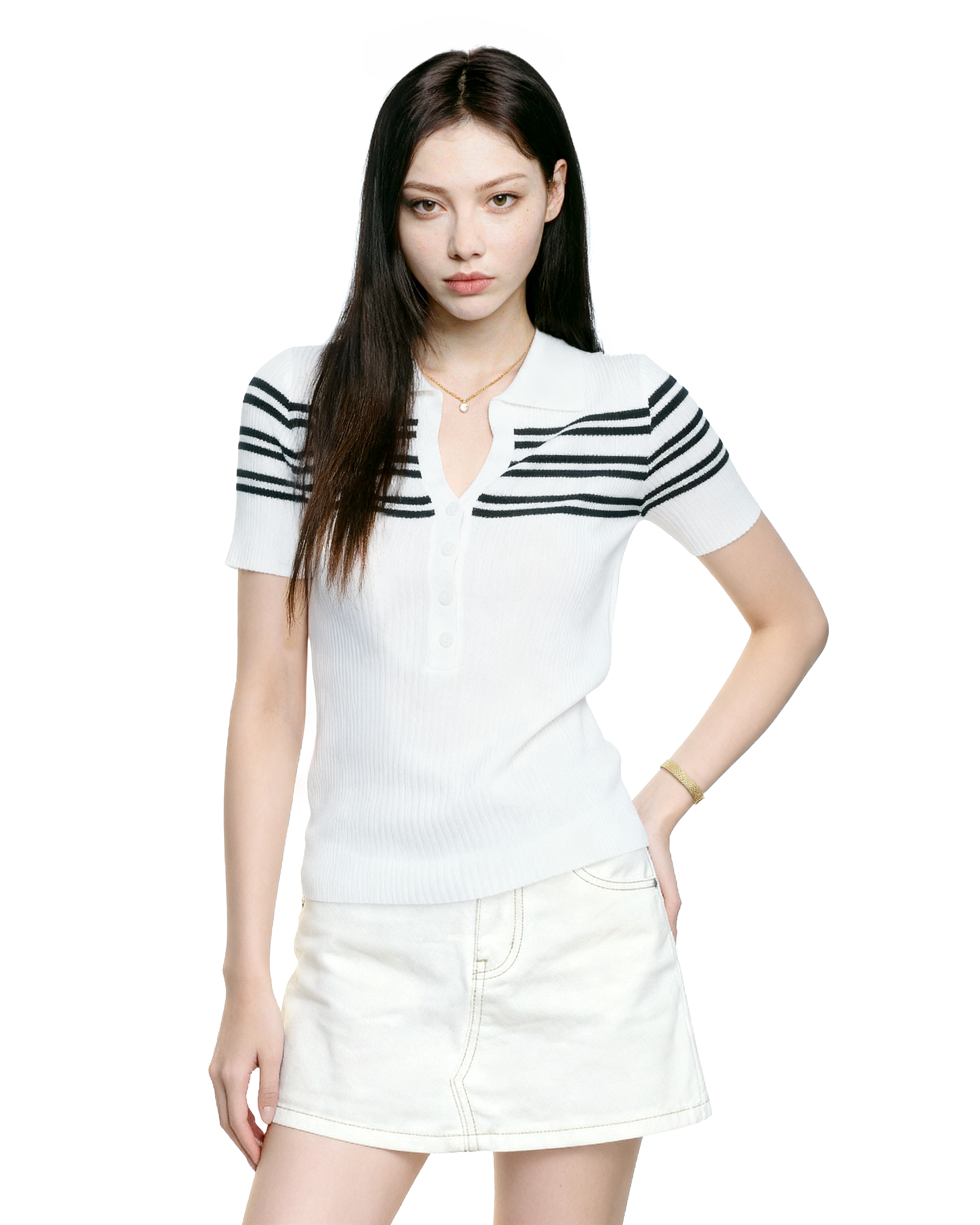 Stripe Ribbed Knit Polo Shirt with Button Detail-3