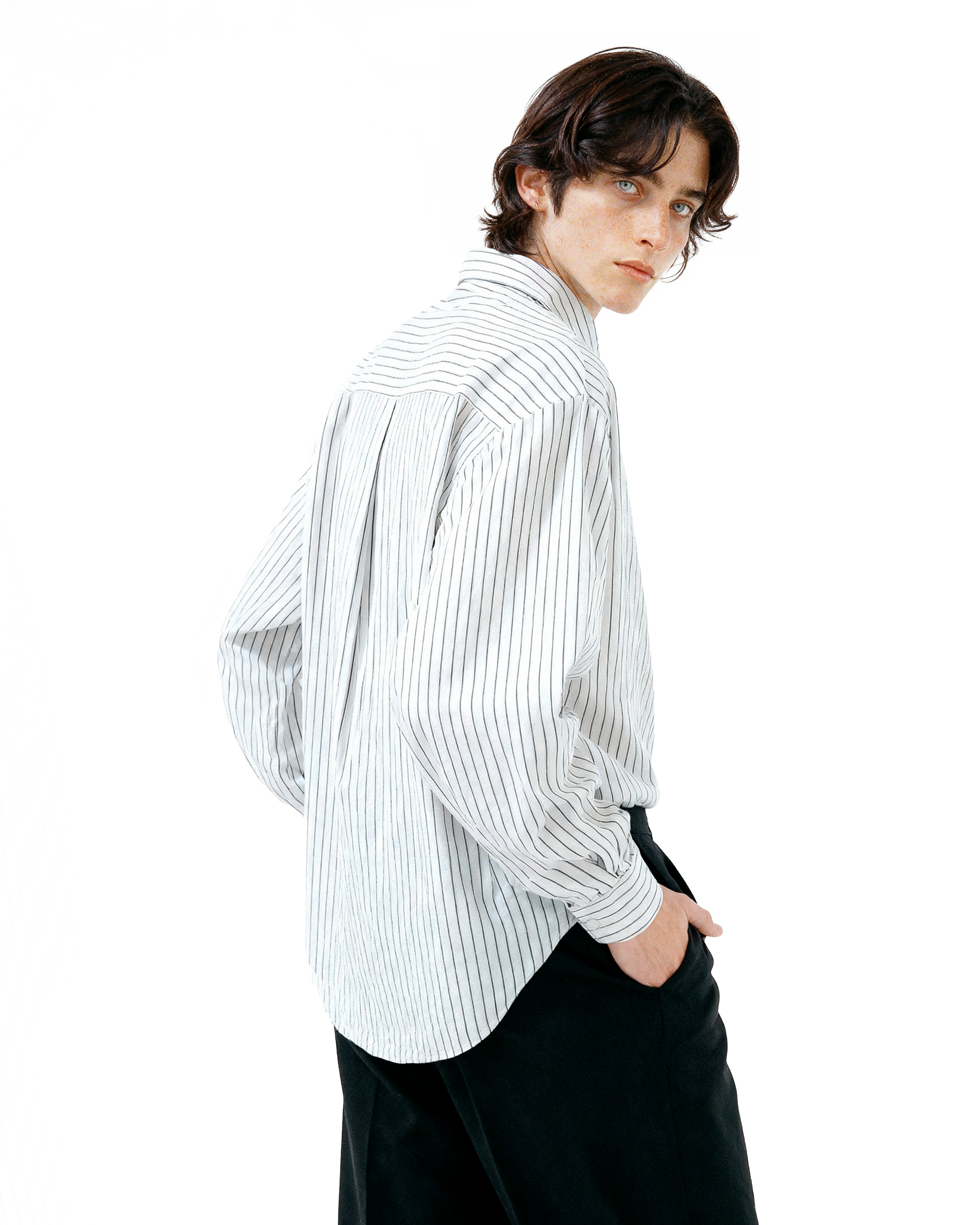 Pinstripe Long Sleeve Drop Shoulder Button Shirt-4