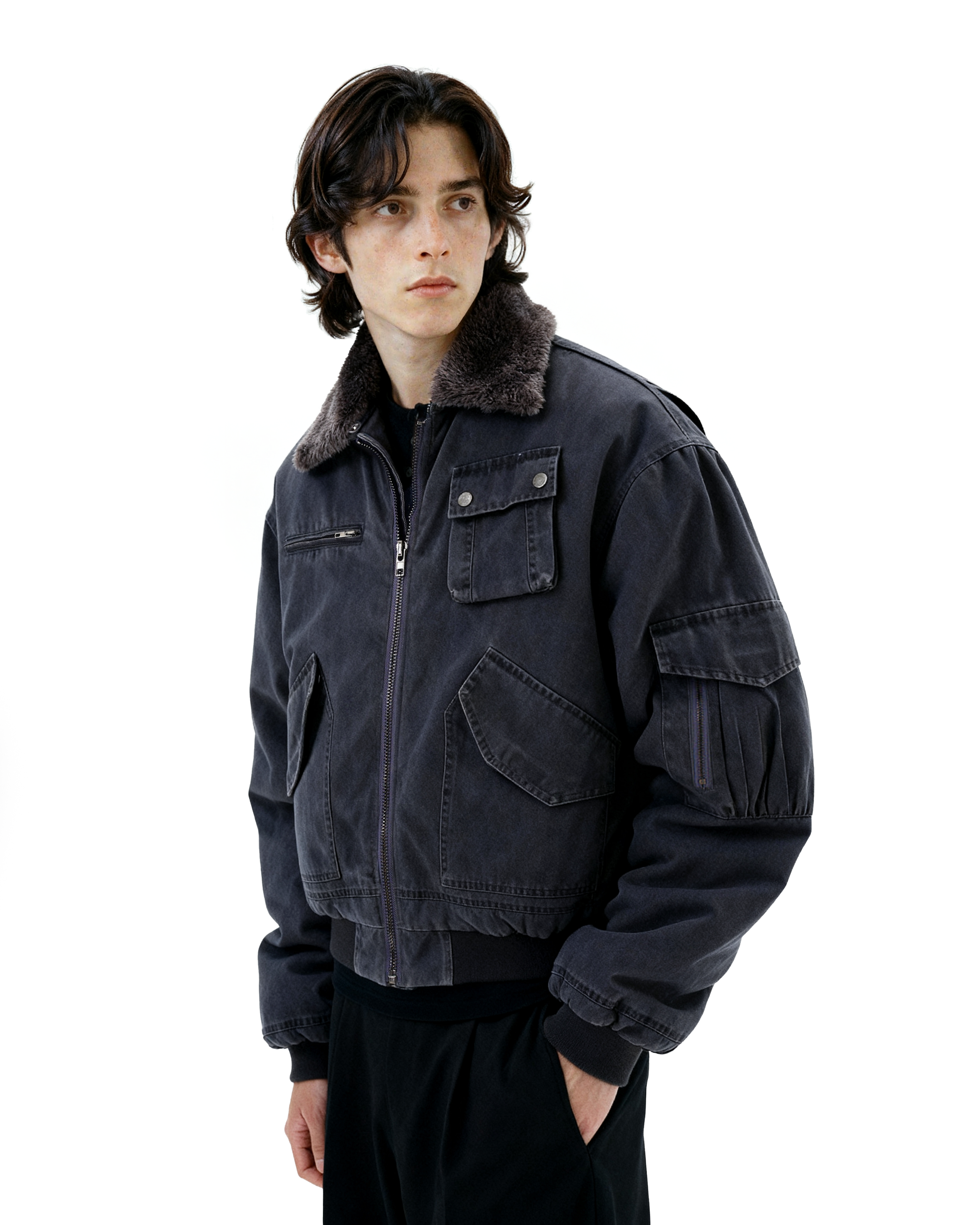 Faux Shearling Collar Worker Bomber Jacket - nightcity clothing