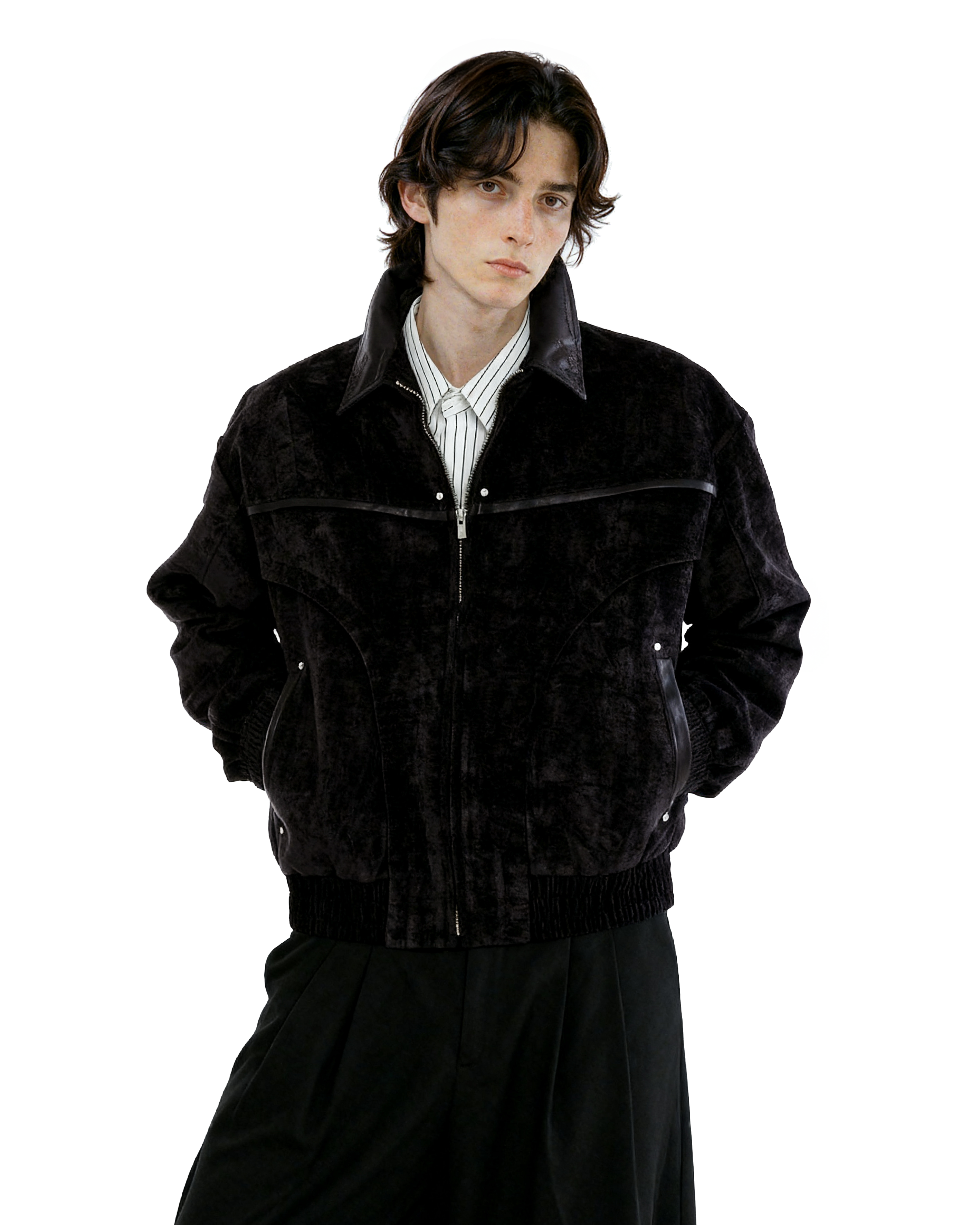 Paneled Mid-Crop Velvet Bomber Jacket - nightcity clothing