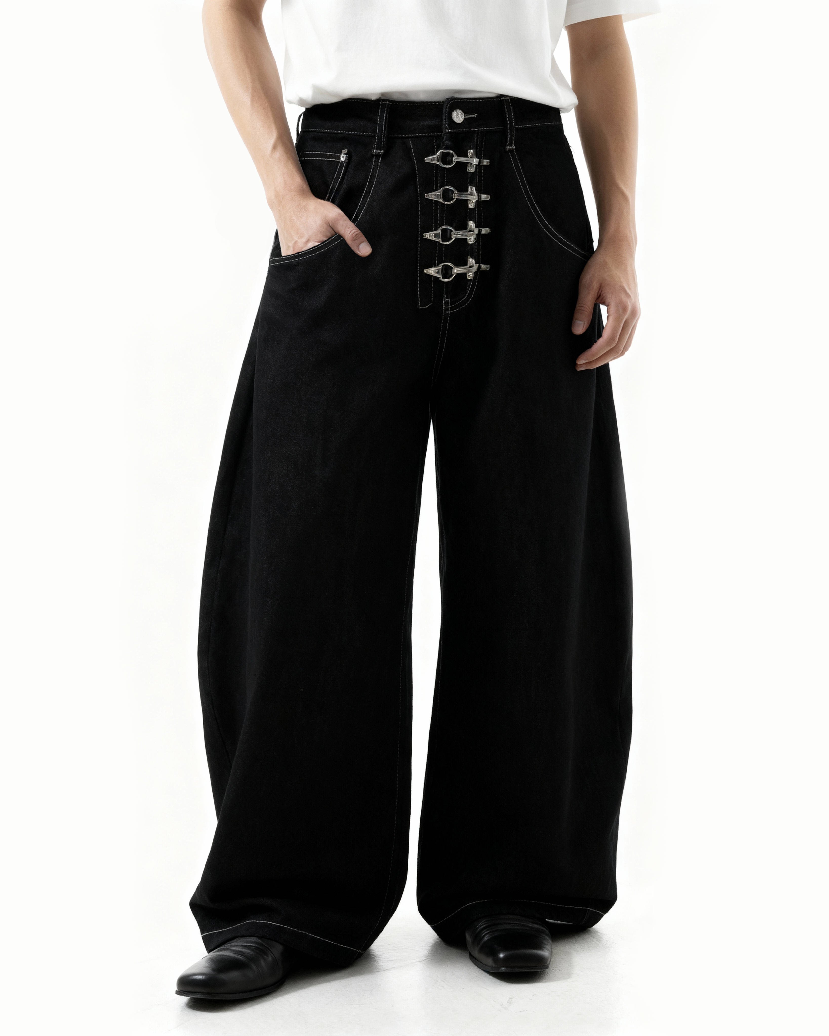 Fireman Buckle Closure Wide Leg Jeans