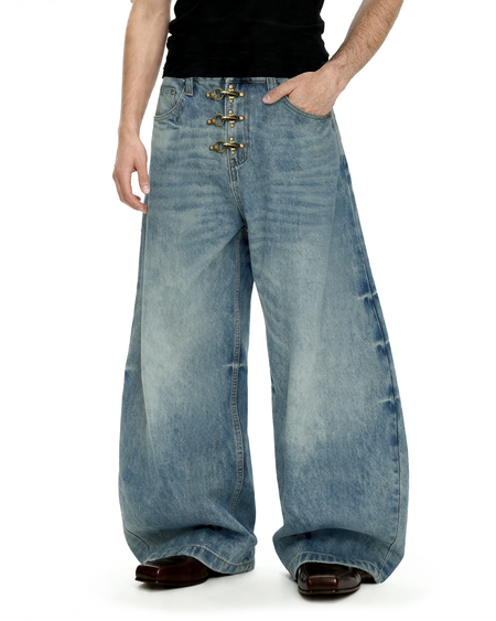 Fireman Buckle Crotch Wide Leg Vintage Wash Denim Jeans