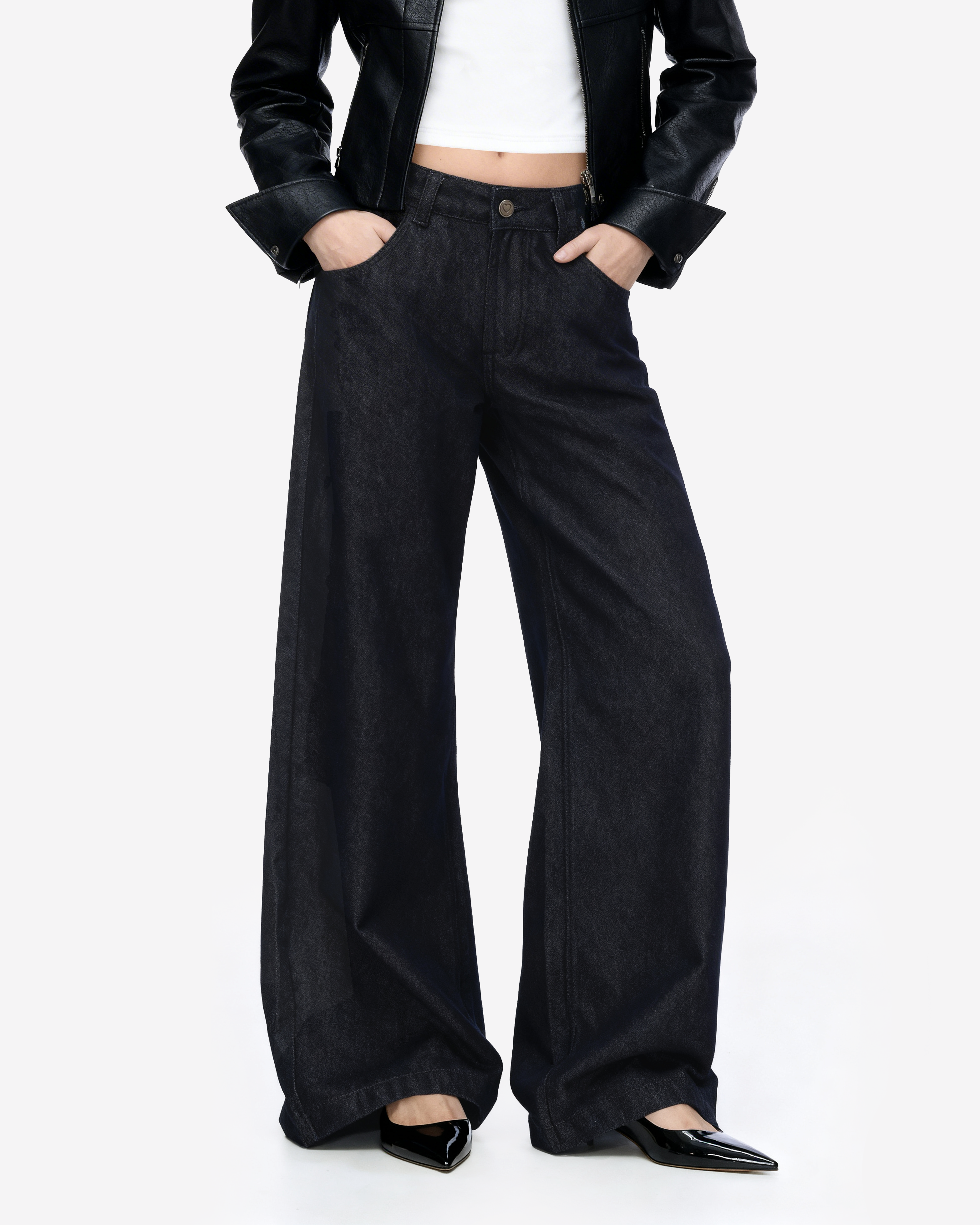 Wide Leg Low-Waisted Dark Wash Retro Jeans-2