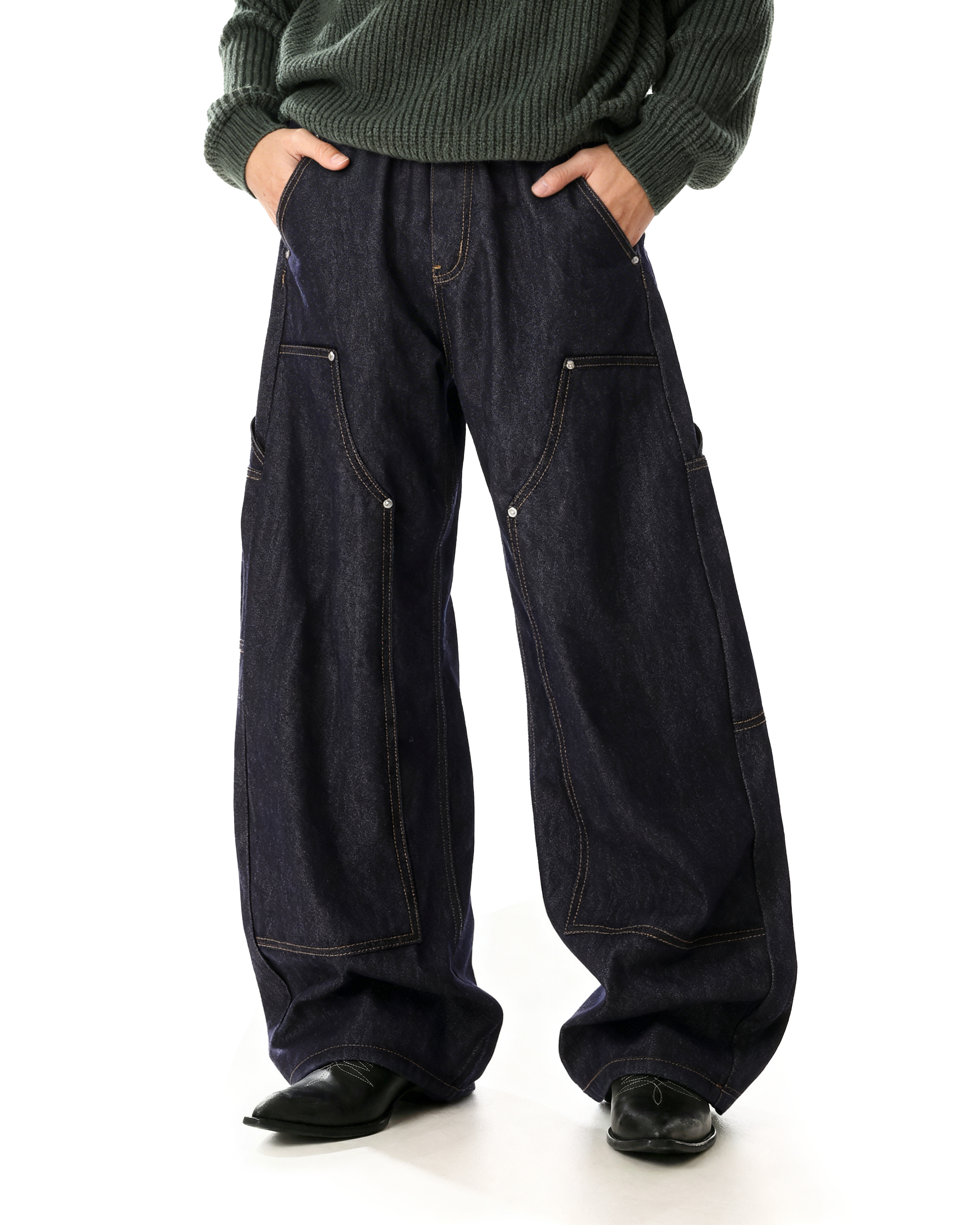 Rivet Detail Wide Leg Contrast Stitch Utility Jeans - nightcity clothing