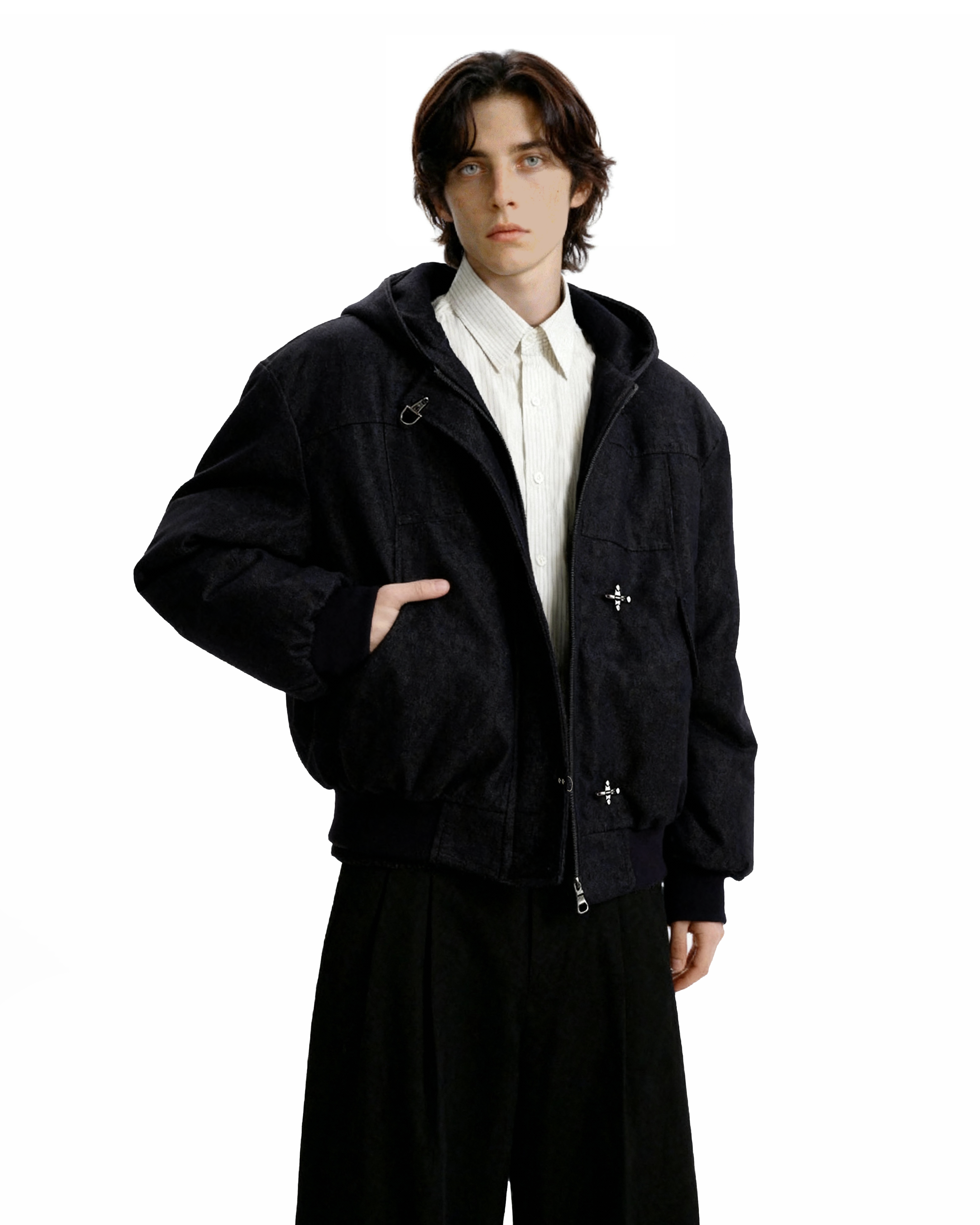 Boxy Fireman Clasp Hooded Dark-Wash Denim Zip Jacket