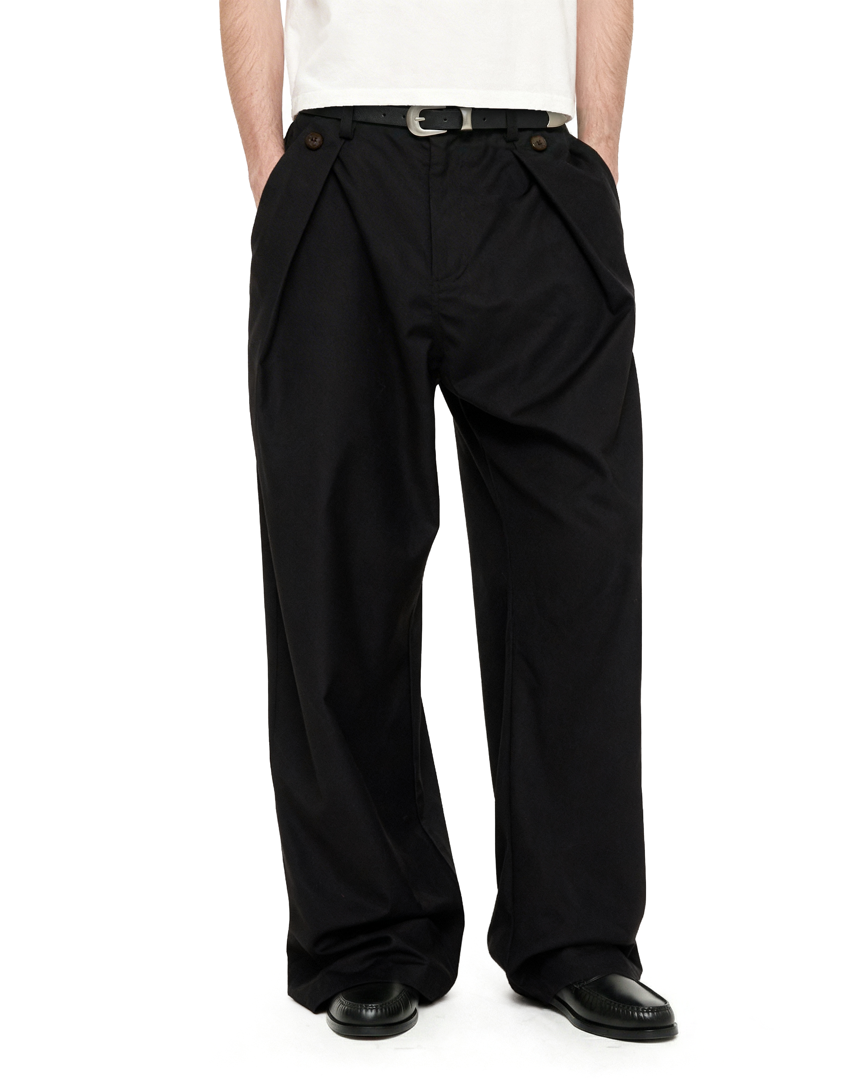 Wide Leg Pleated Pants with Side Overlay Button Panels - nightcity clothing