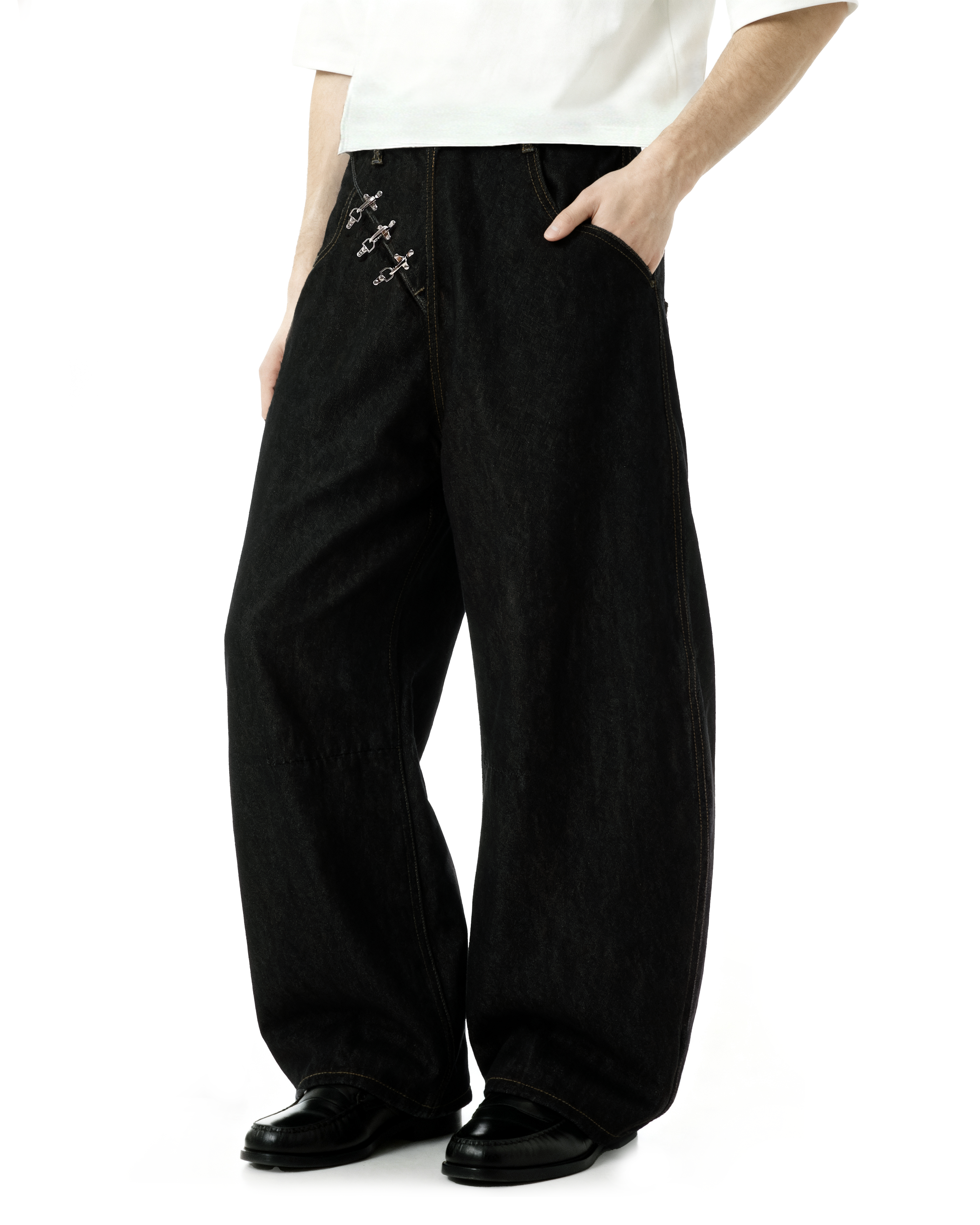 Contrast Stitch Wide Leg Jeans with Diagonal Fireman Buckles - nightcity clothing