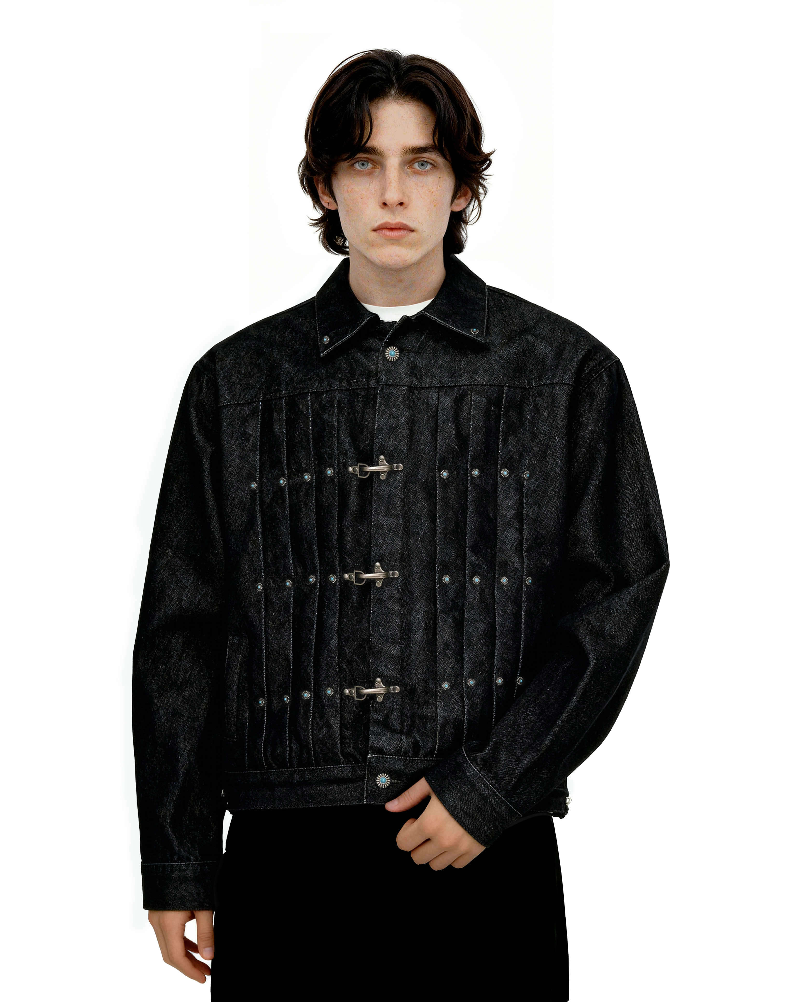 Fireman Clasp Pleated Denim Jacket with Studs - nightcity clothing