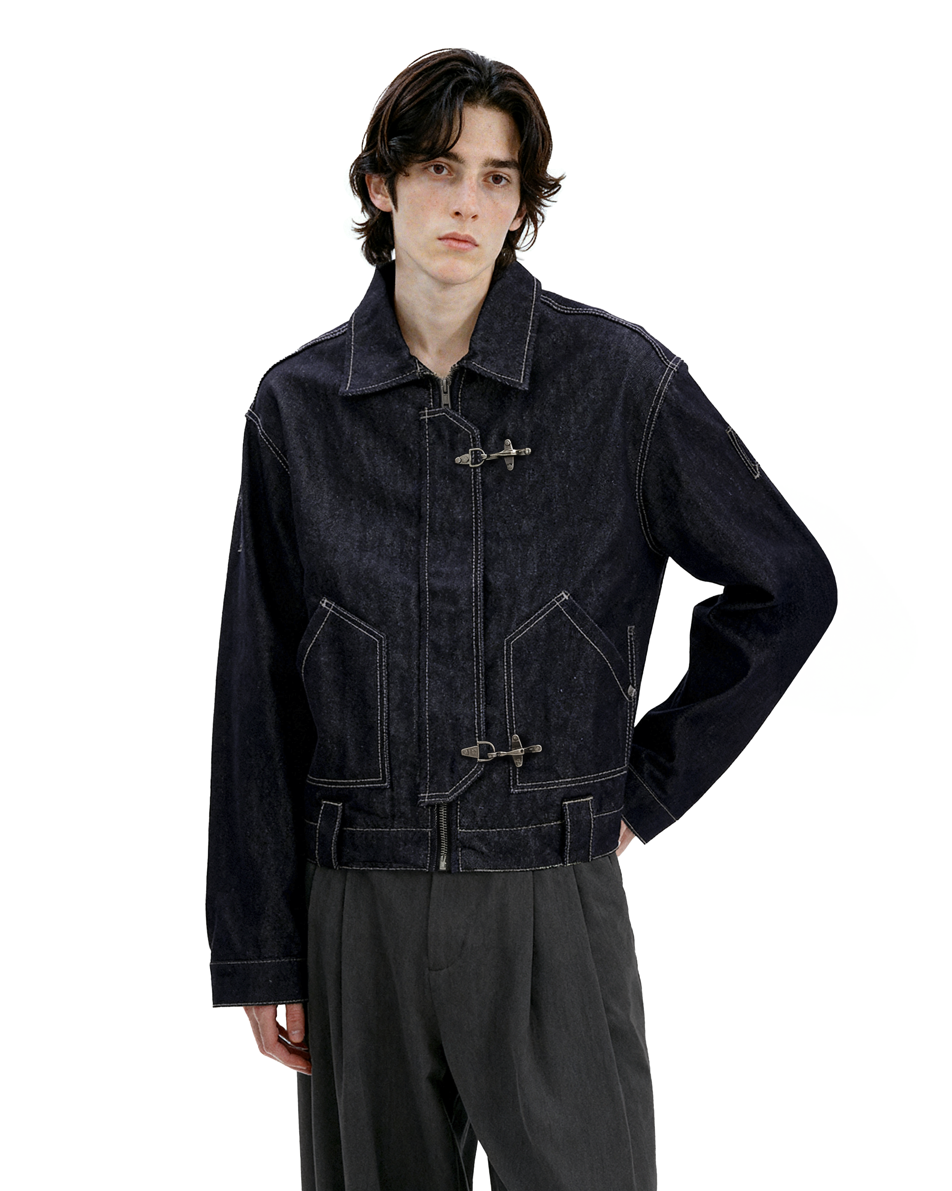 Dark Wash Fireman Clasp Mid-Crop Denim Jacket – nightcity clothing