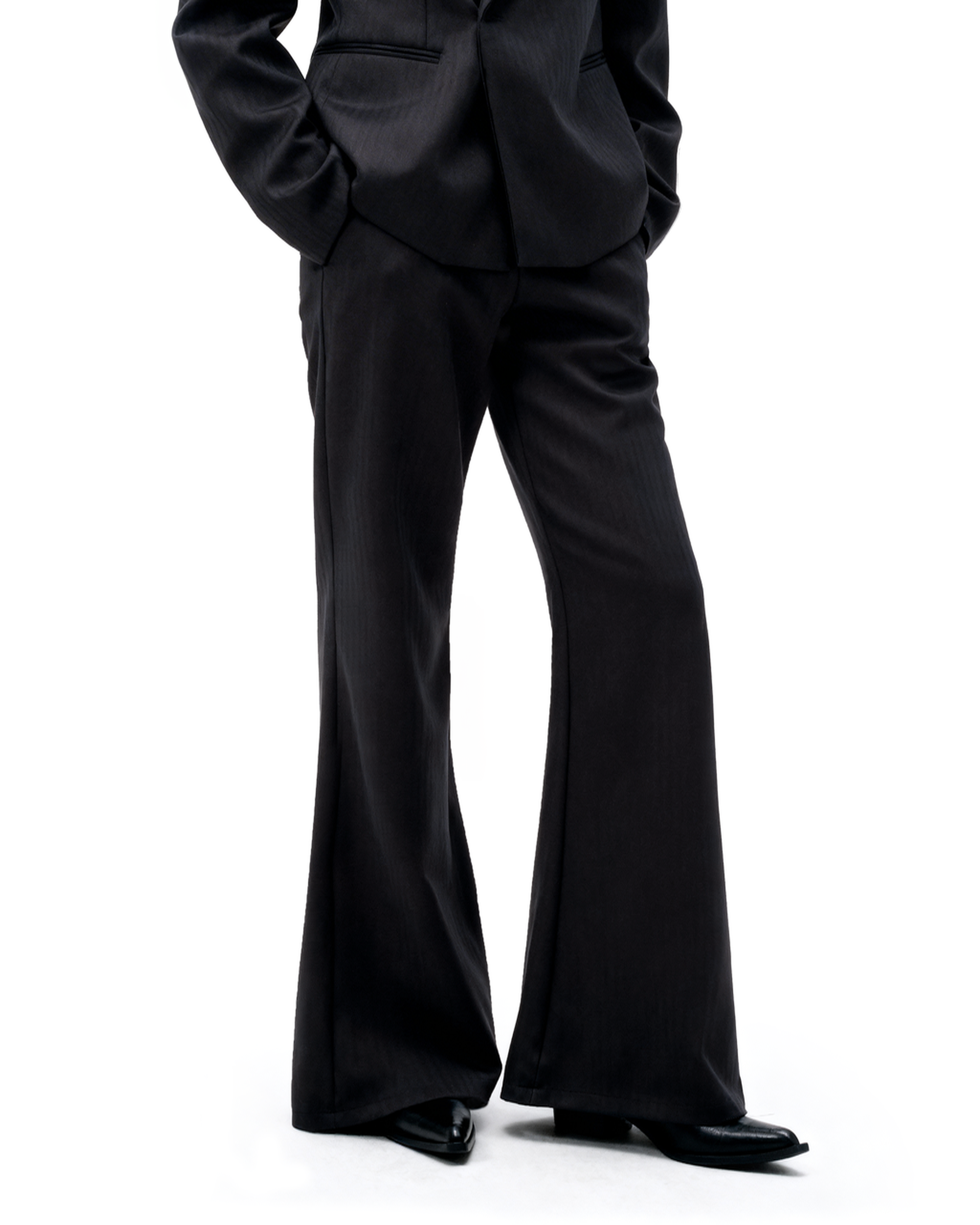 Overlap Stripe-Texture Wide Lapel Blazer and Flare Trousers Suit-6