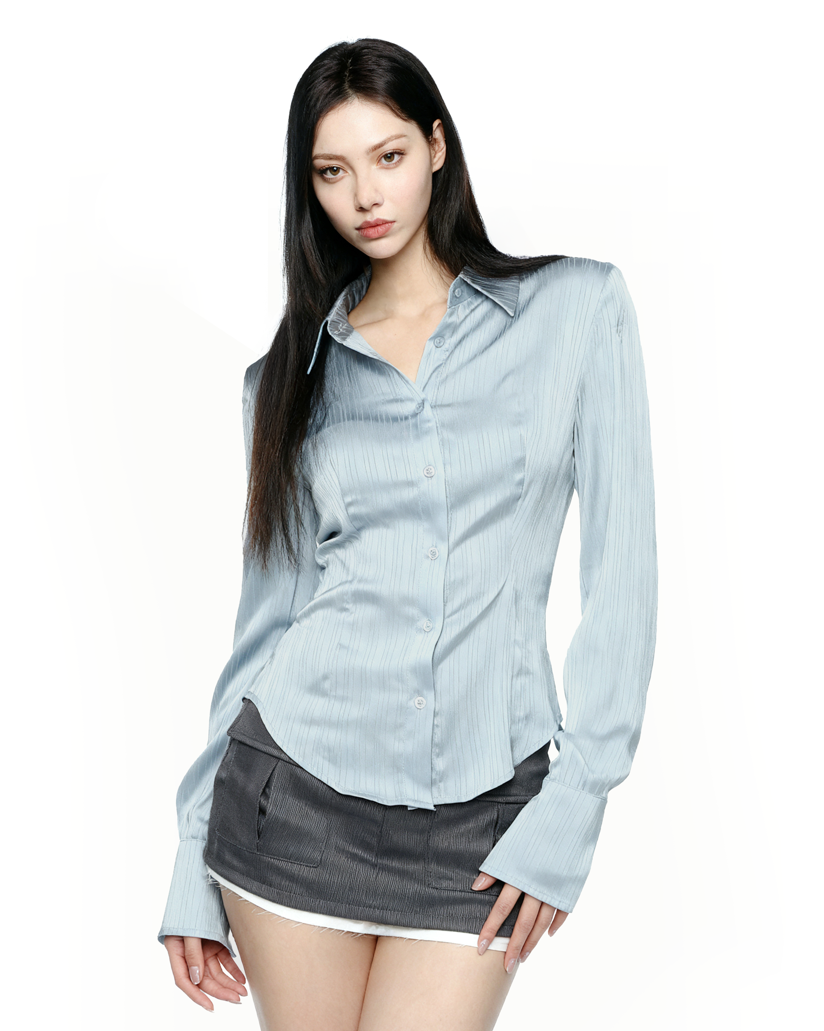 Pinstripe Satin Button-Up Shirt with Flare Long Sleeve-4