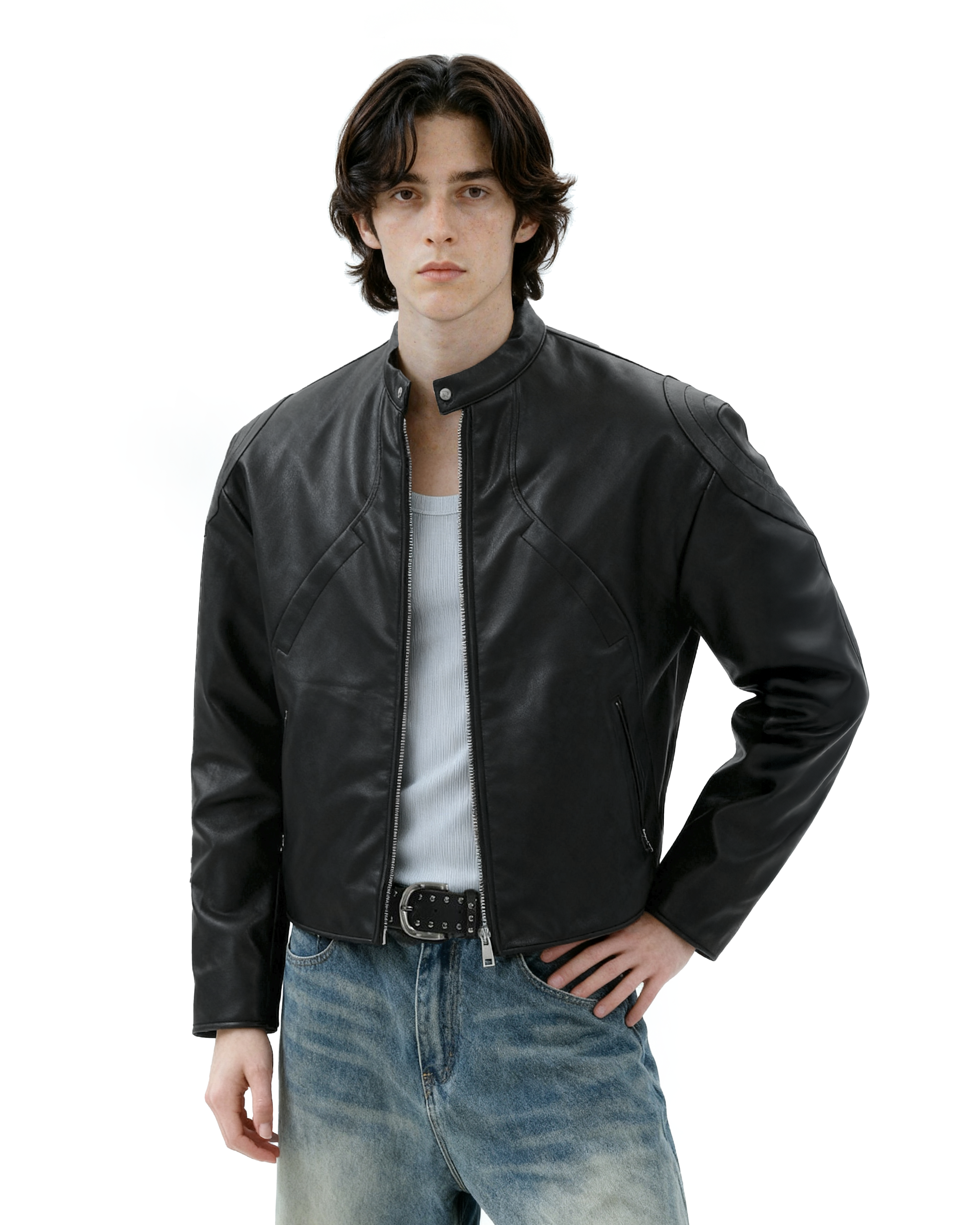Boxy Faux Leather Racer Jacket with Zip Pockets - nightcity clothing