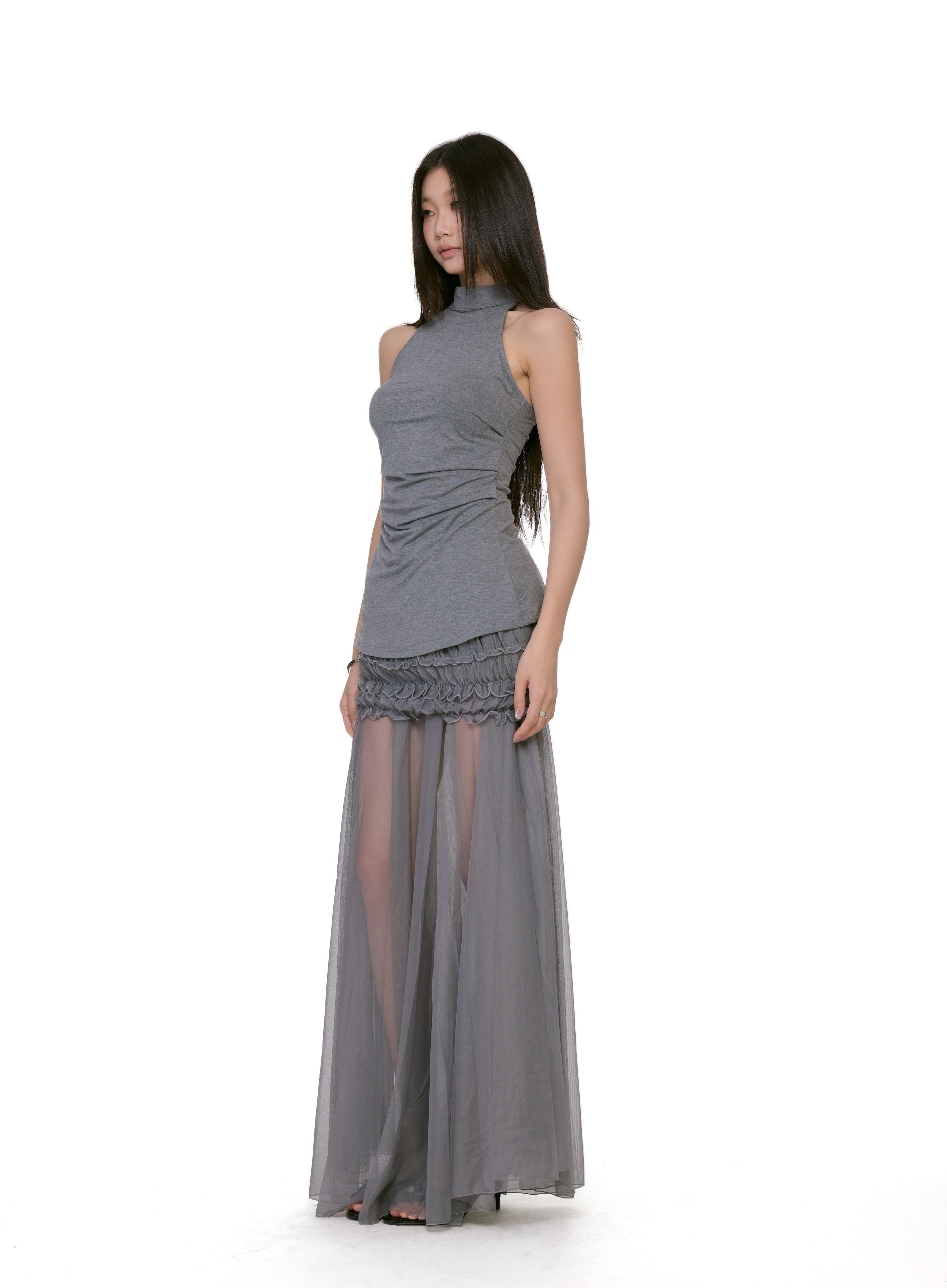 Sleeveless Ruched Mock Neck Maxi Dress with Sheer Mesh Skirt