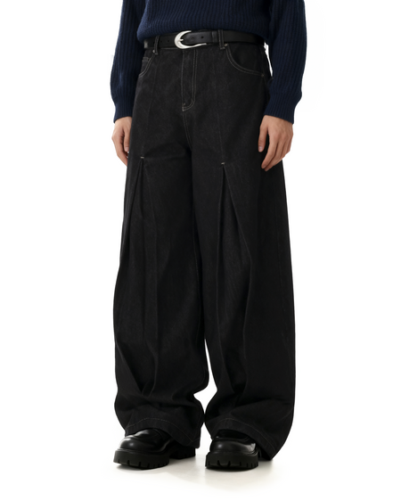 Half-Pleated Dark Wash Contrast Stitch Wide Jeans - nightcity clothing