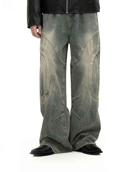 Vintage Sand Wash Wide-Leg Jeans with Stitch Detail