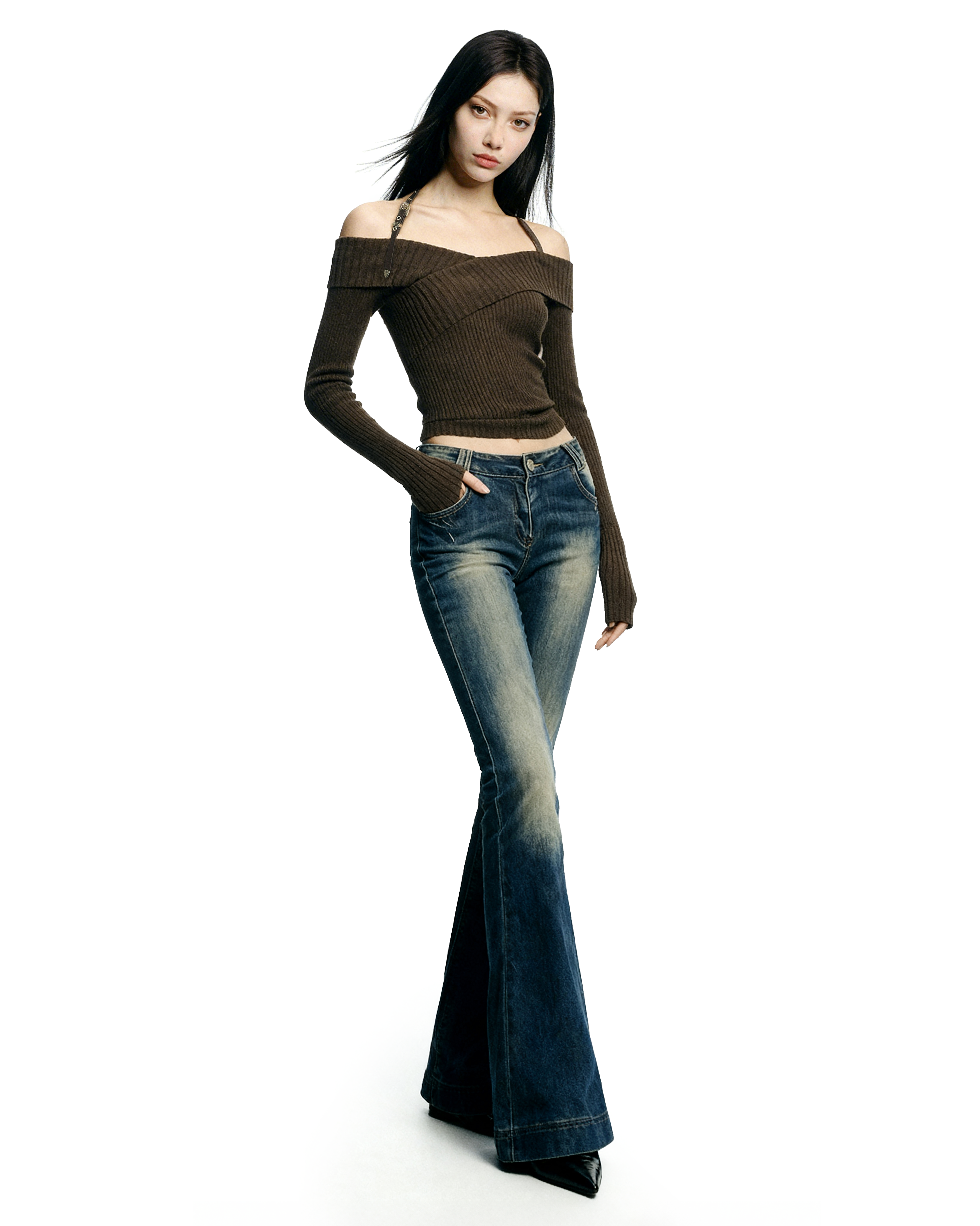 Halter Neck Ribbed Knit Long Sleeve Top - nightcity clothing