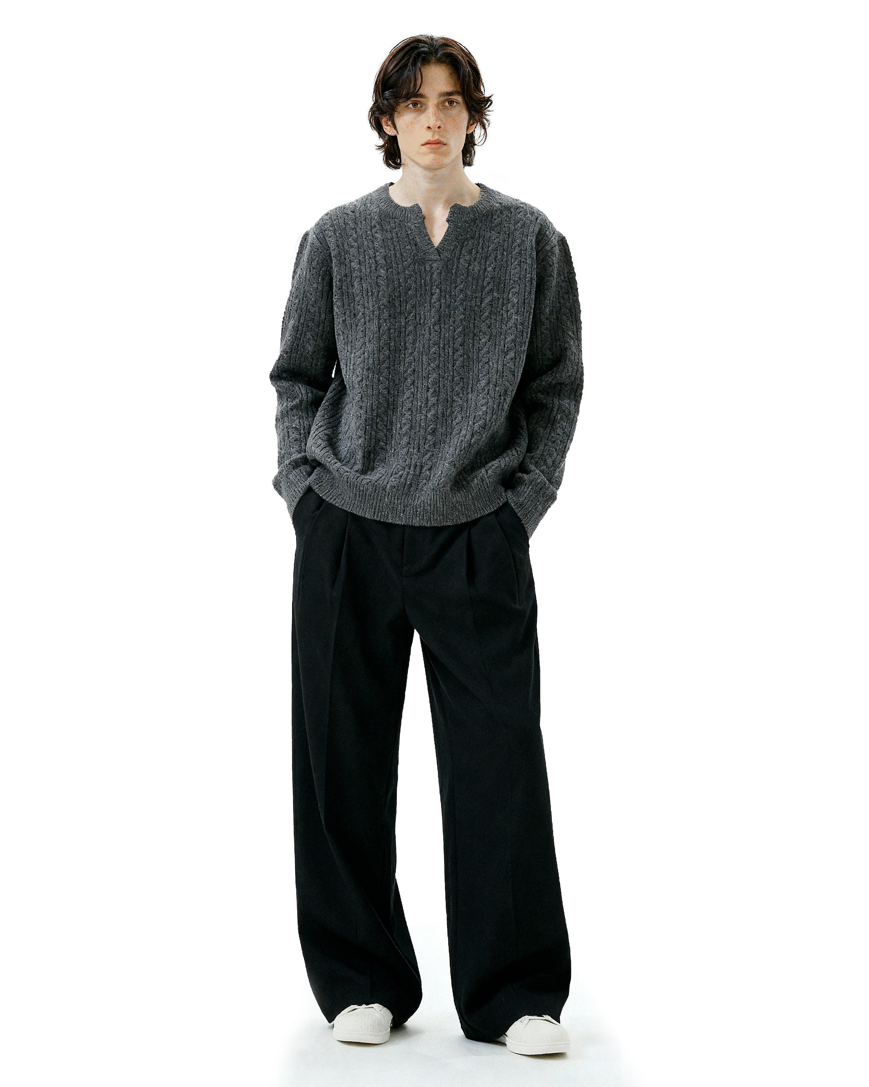 Cable Knit Notch-Neck Henley Pullover - nightcity clothing