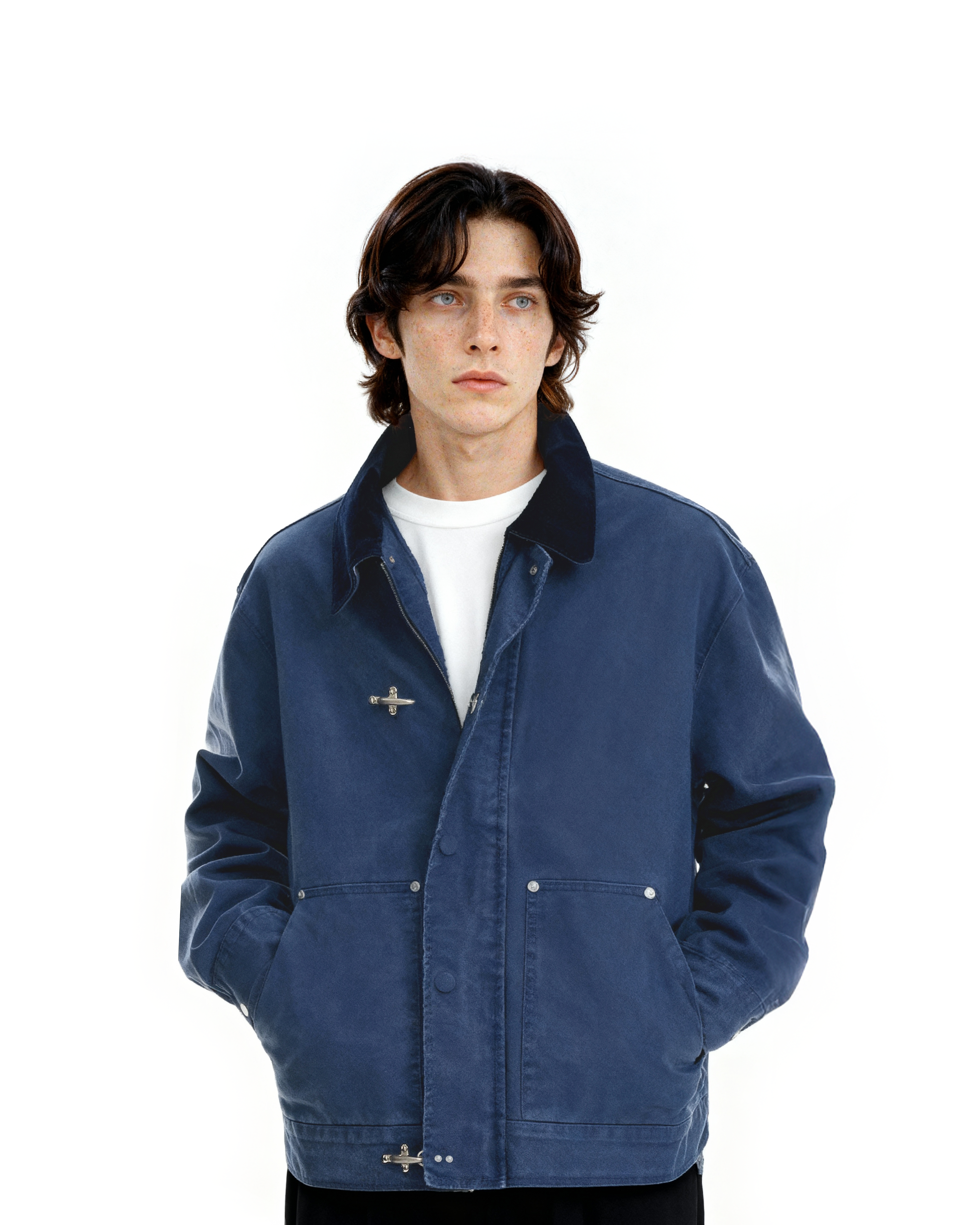 Structured Fireman Buckle Denim Jacket with Contrast Corduroy Collar
