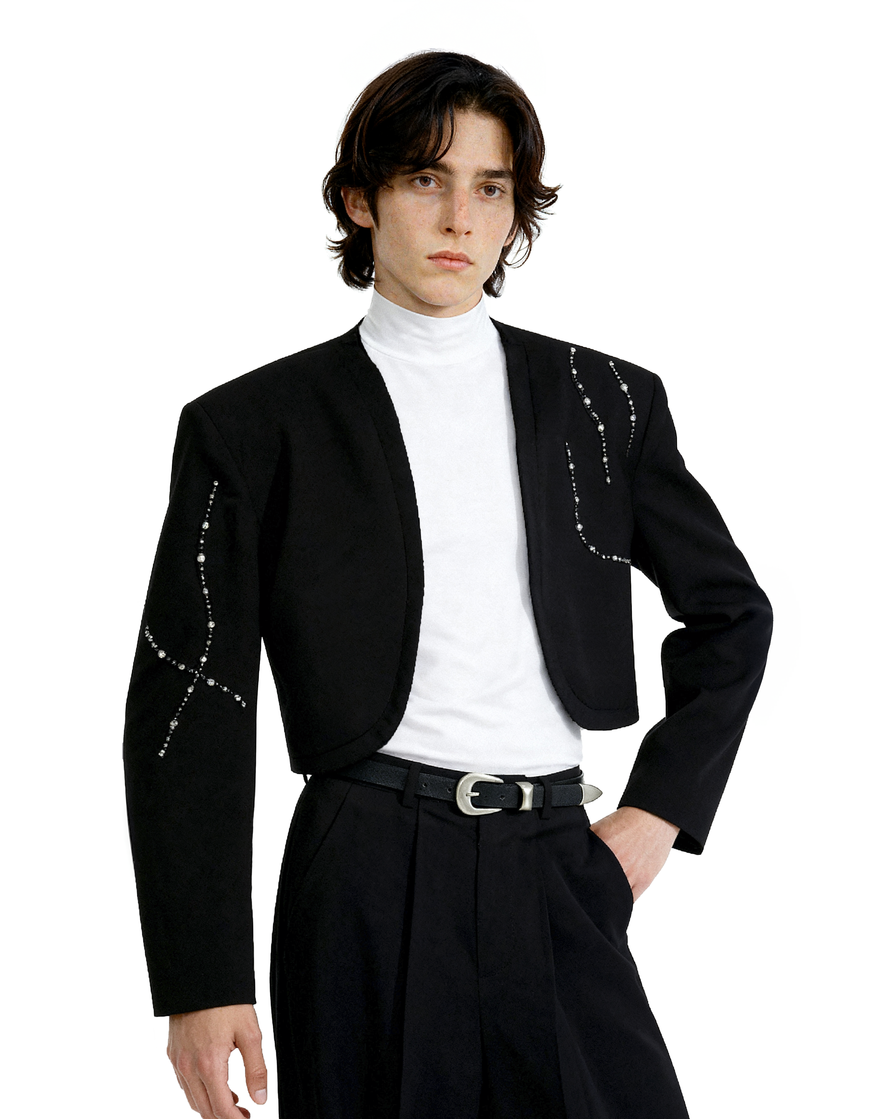 Structured Curve-Panel Cropped Blazer with Embellished Detailing and Wide Leg Pants Two-Piece Set - nightcity clothing