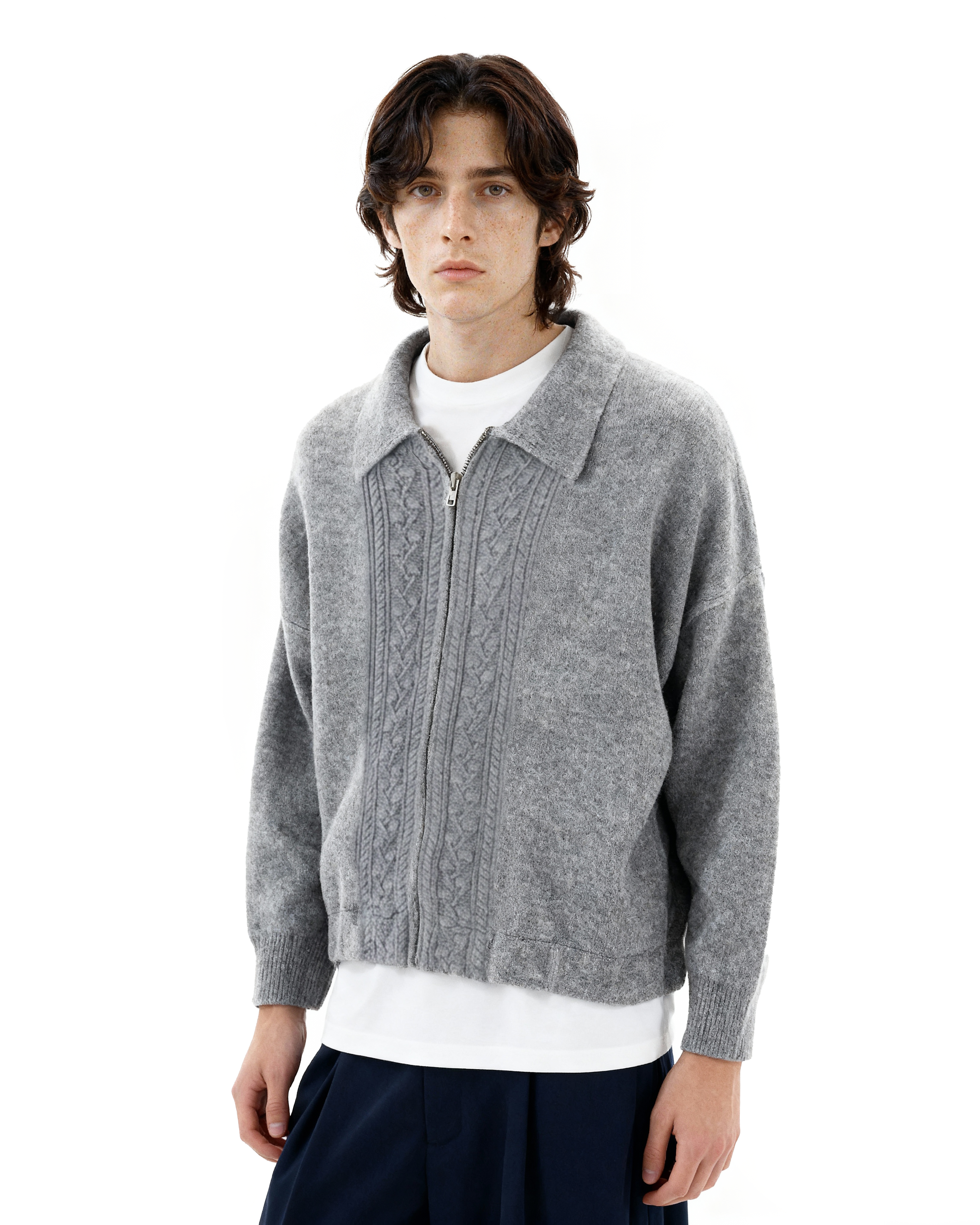 Cable Knit Mid-Crop Zip Cardigan Jacket