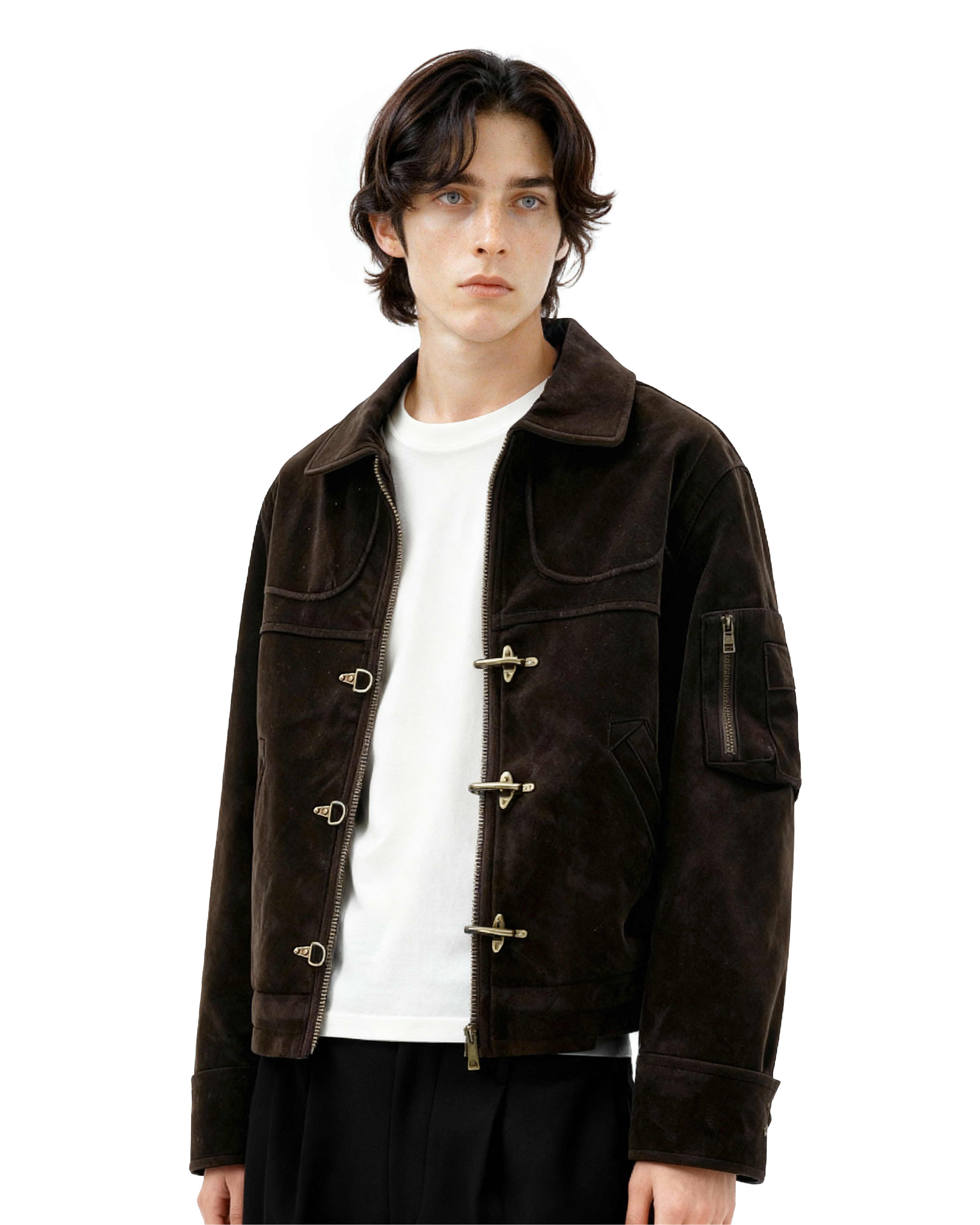 Suede Panelled Fireman Buckle Zip Jacket