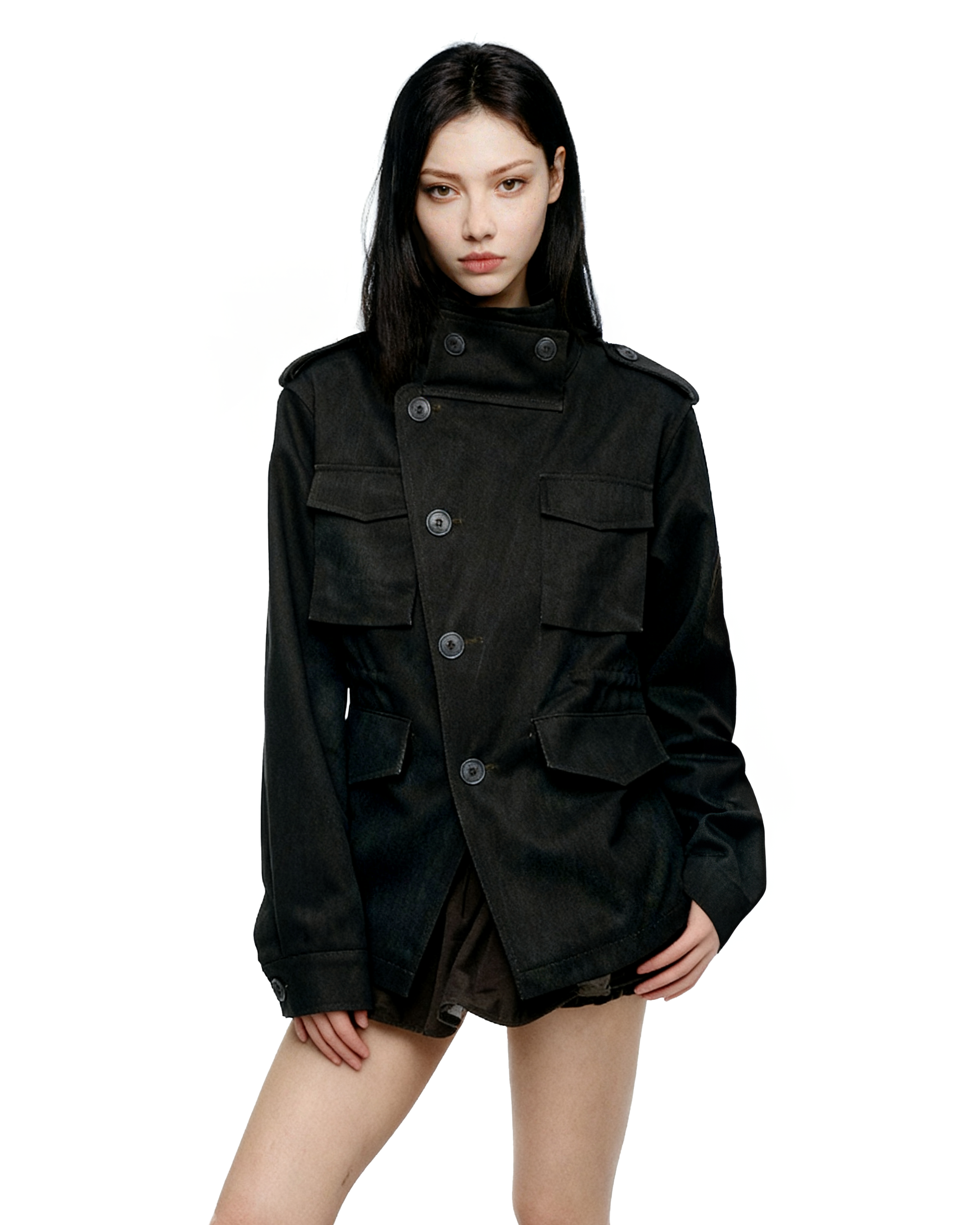Asymmetric Overlap High-Collar Military Jacket-1
