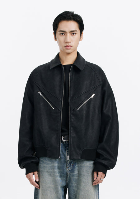Faux Leather Bomber Jacket with Zip Pocket Details - nightcity clothing