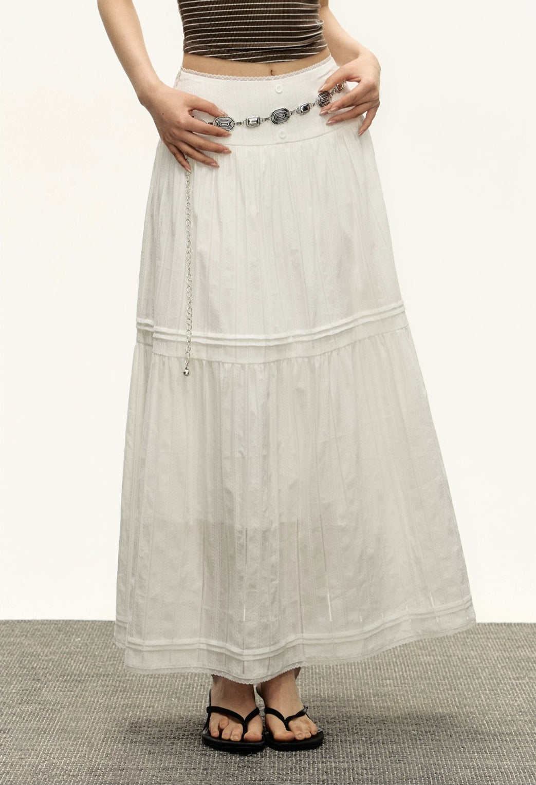 Tiered Pleated Lace-Detail Maxi Skirt