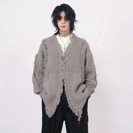Oversized Distressed Chunky Knit Cardigan - nightcity clothing