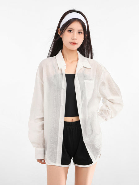 Sheer Textured Button-Up Long Sleeve Shirt - nightcity clothing