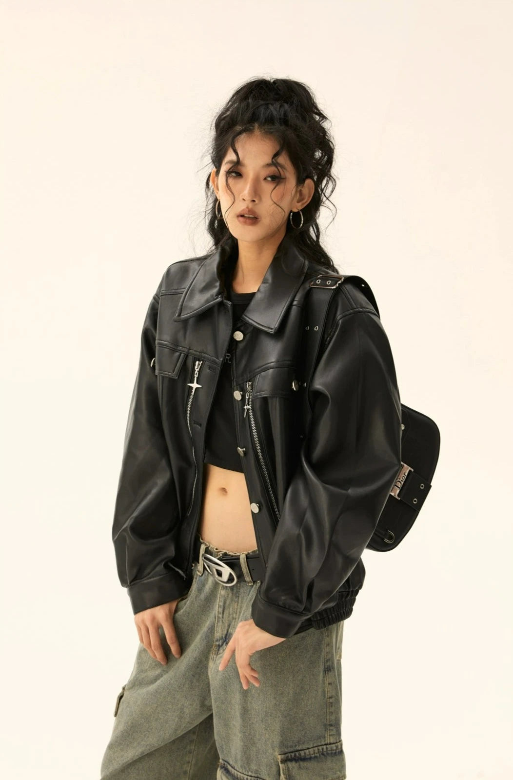 Oversized Faux Leather Jacket with Star Pendant Zip Detail