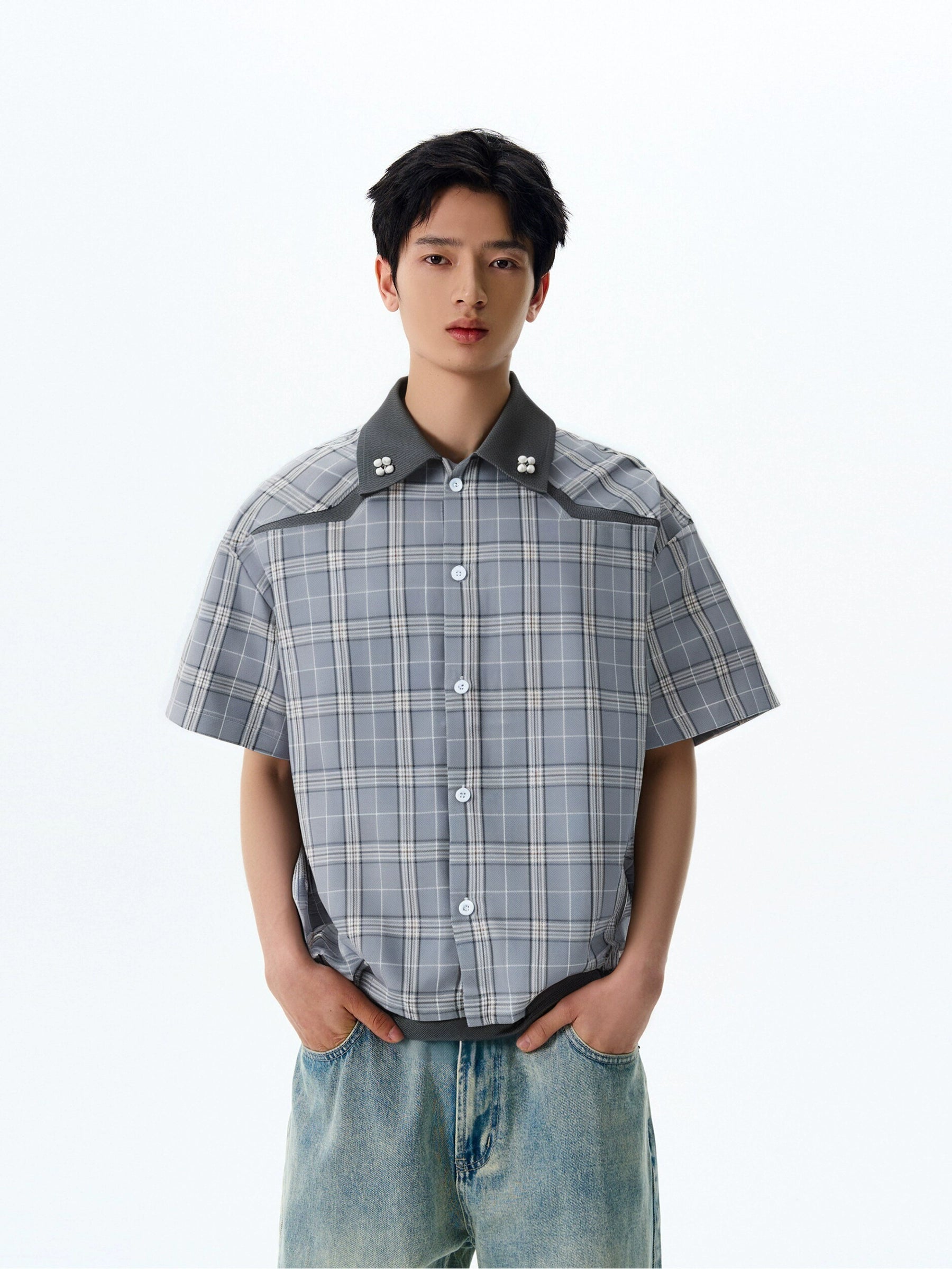 Oversized Contrast Trim Checker Short Sleeve Shirt with Metallic Collar Details