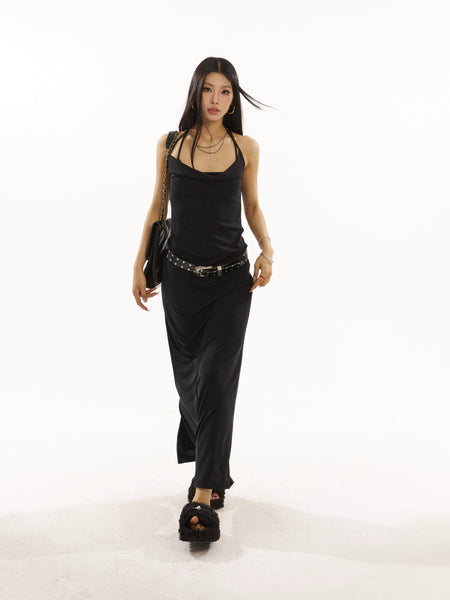 Sleeveless Cowl Neck Midi Dress with Side Slit - nightcity clothing