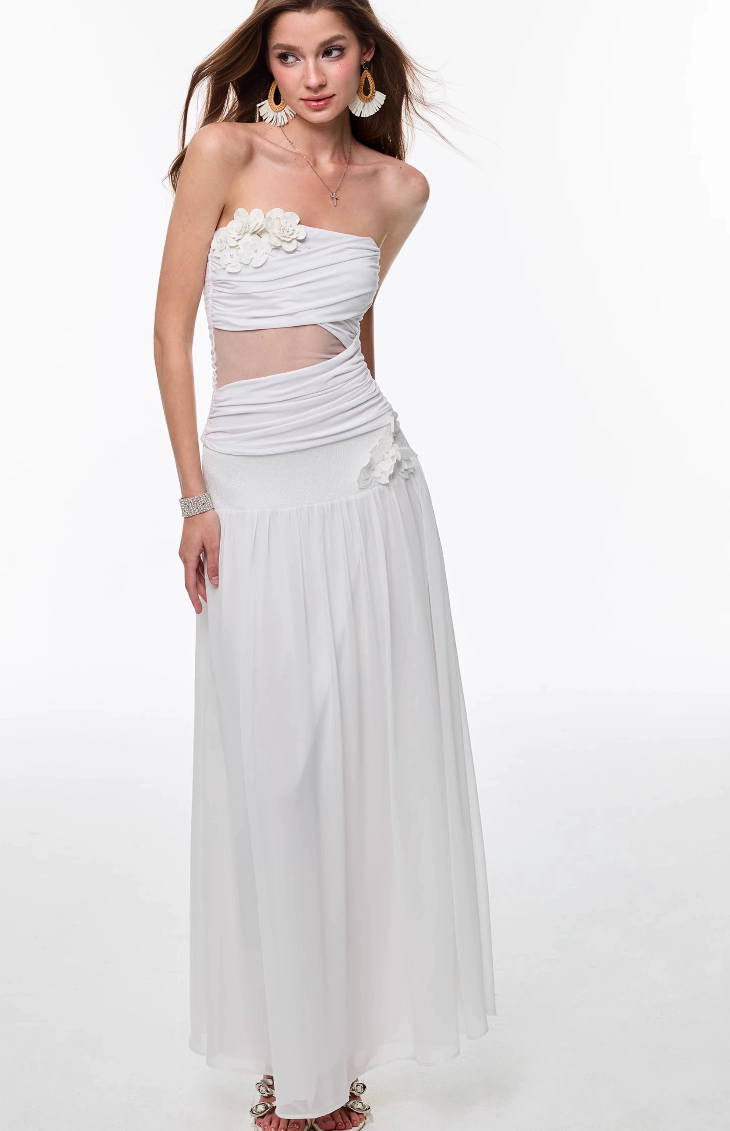Ruched Tube Top and High Waist Maxi Skirt with Flower Applique Detail Two-Piece Set