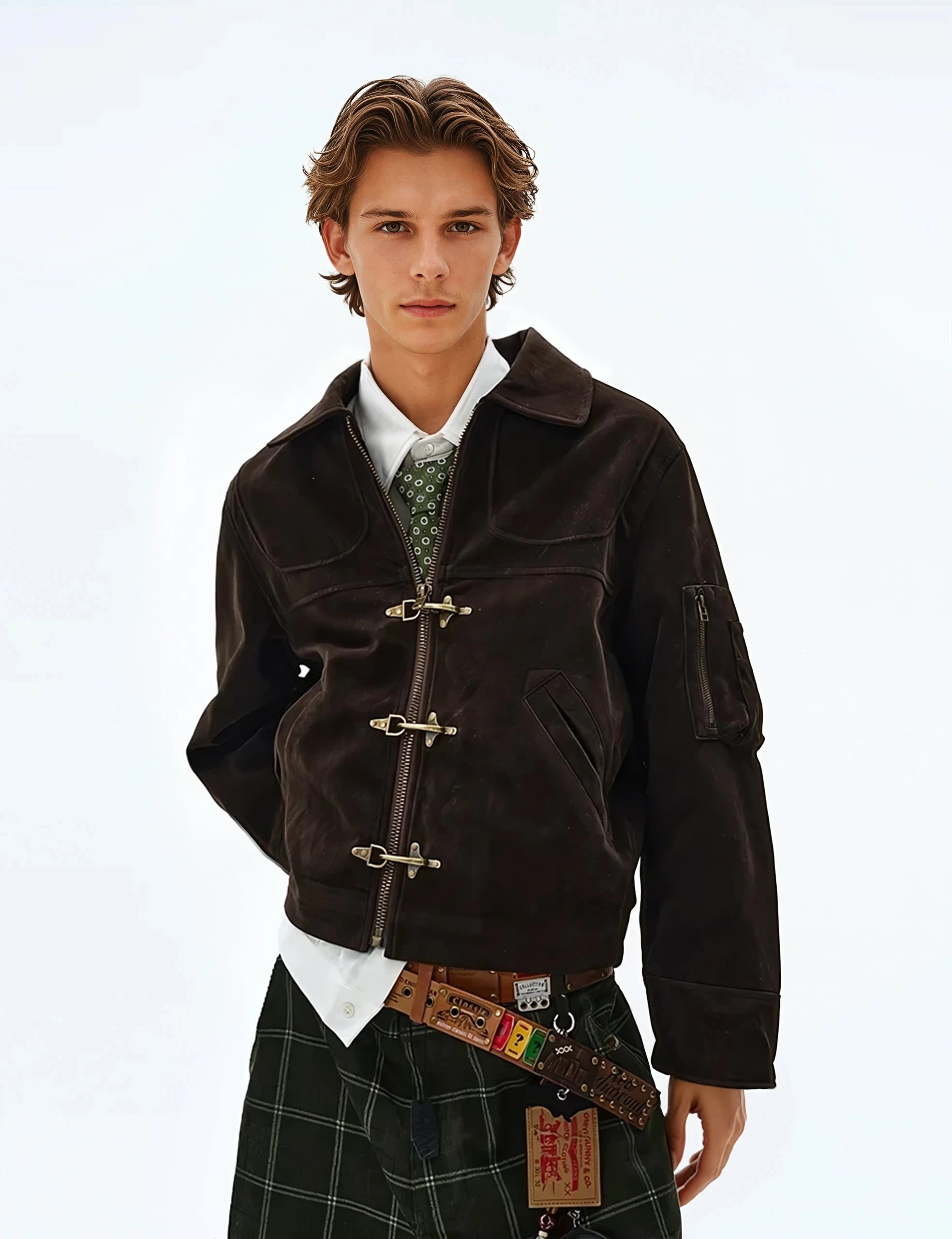 Suede Panelled Fireman Buckle Zip Jacket