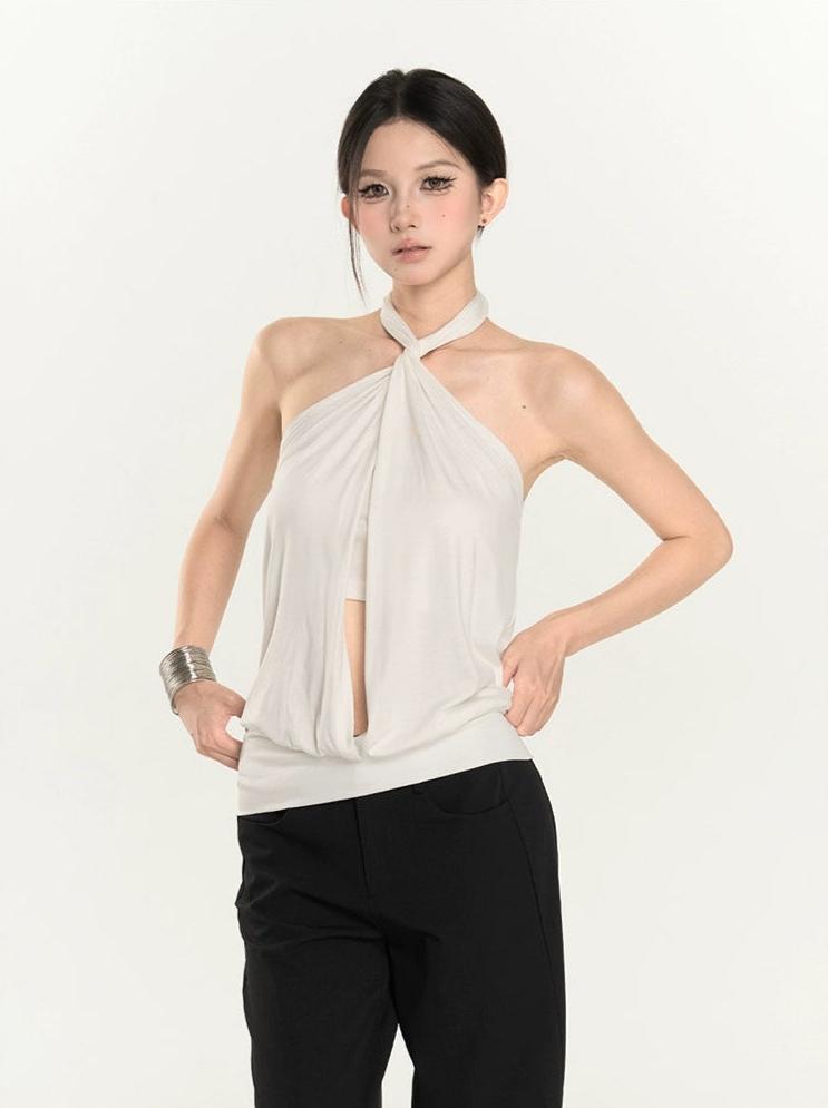 Twist Halter Neck Draped Blouse with Cutout