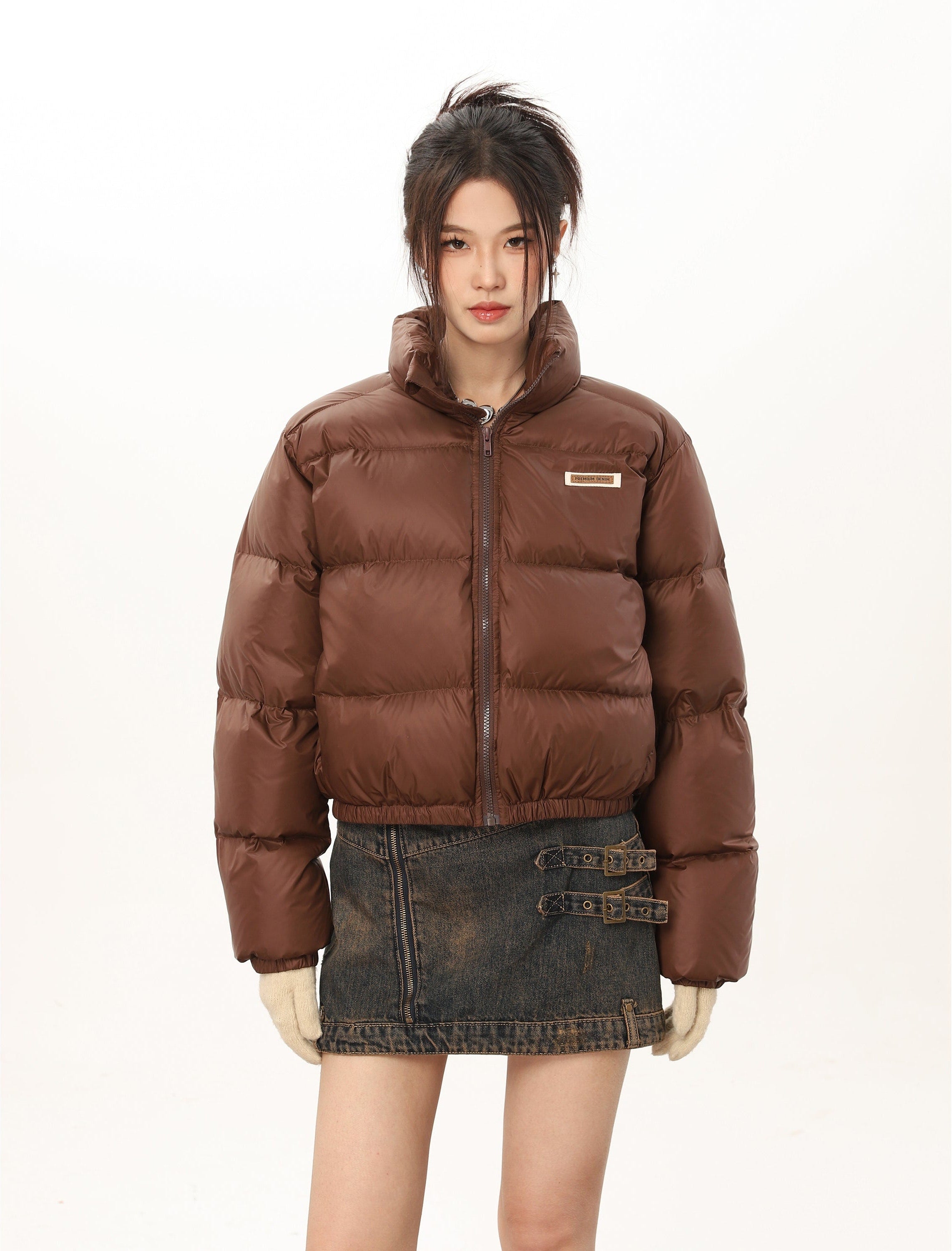 Slim Mid-Crop Puffer Jacket with High Collar