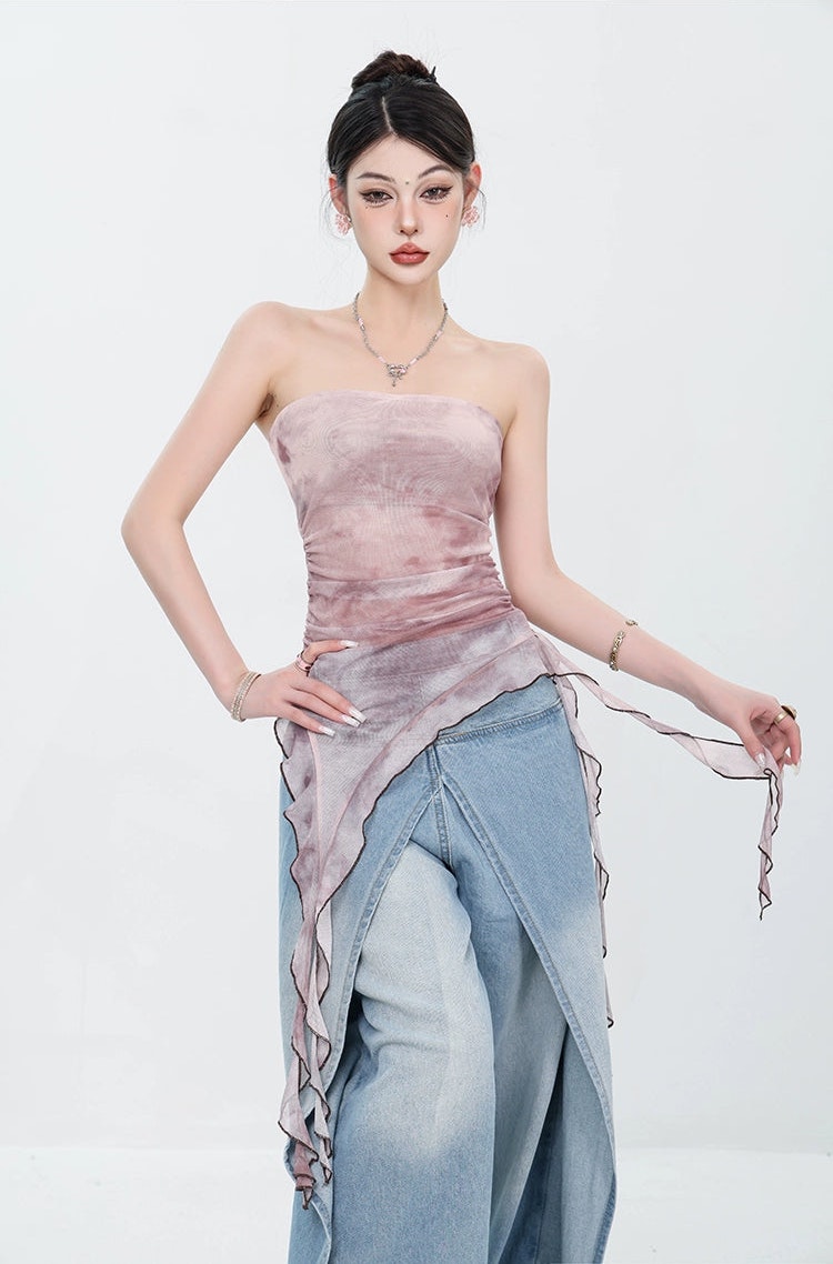 Tie-Dye Ruffled Mesh Tulle Tube Top