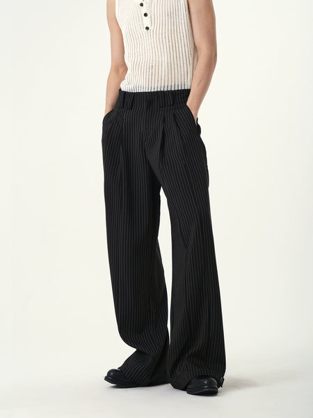 Wide Leg Pinstripe Multi-Pleated Trousers